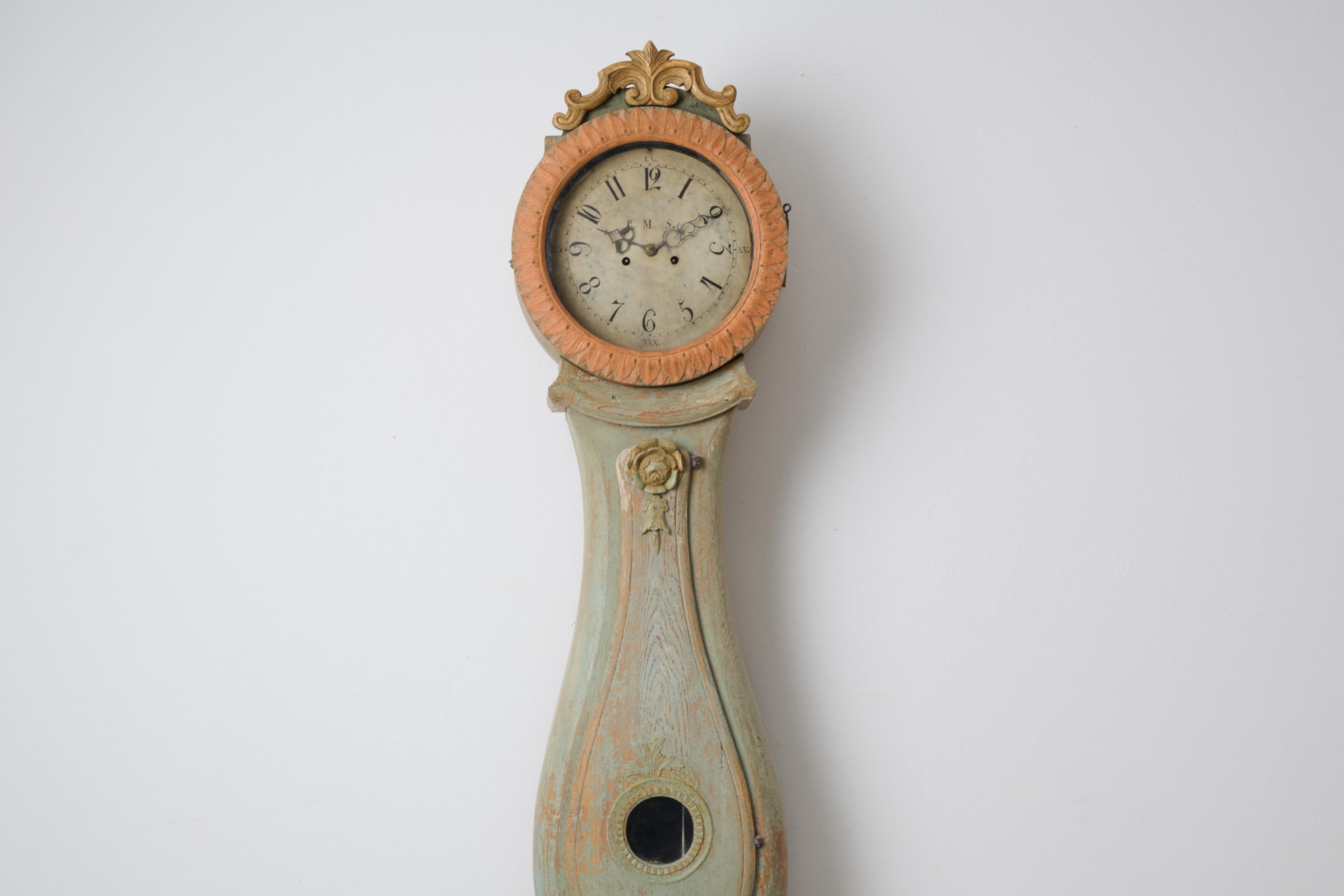 Pine Antique Country Long Case Clock in Rococo Style from Sweden with Original Paint For Sale
