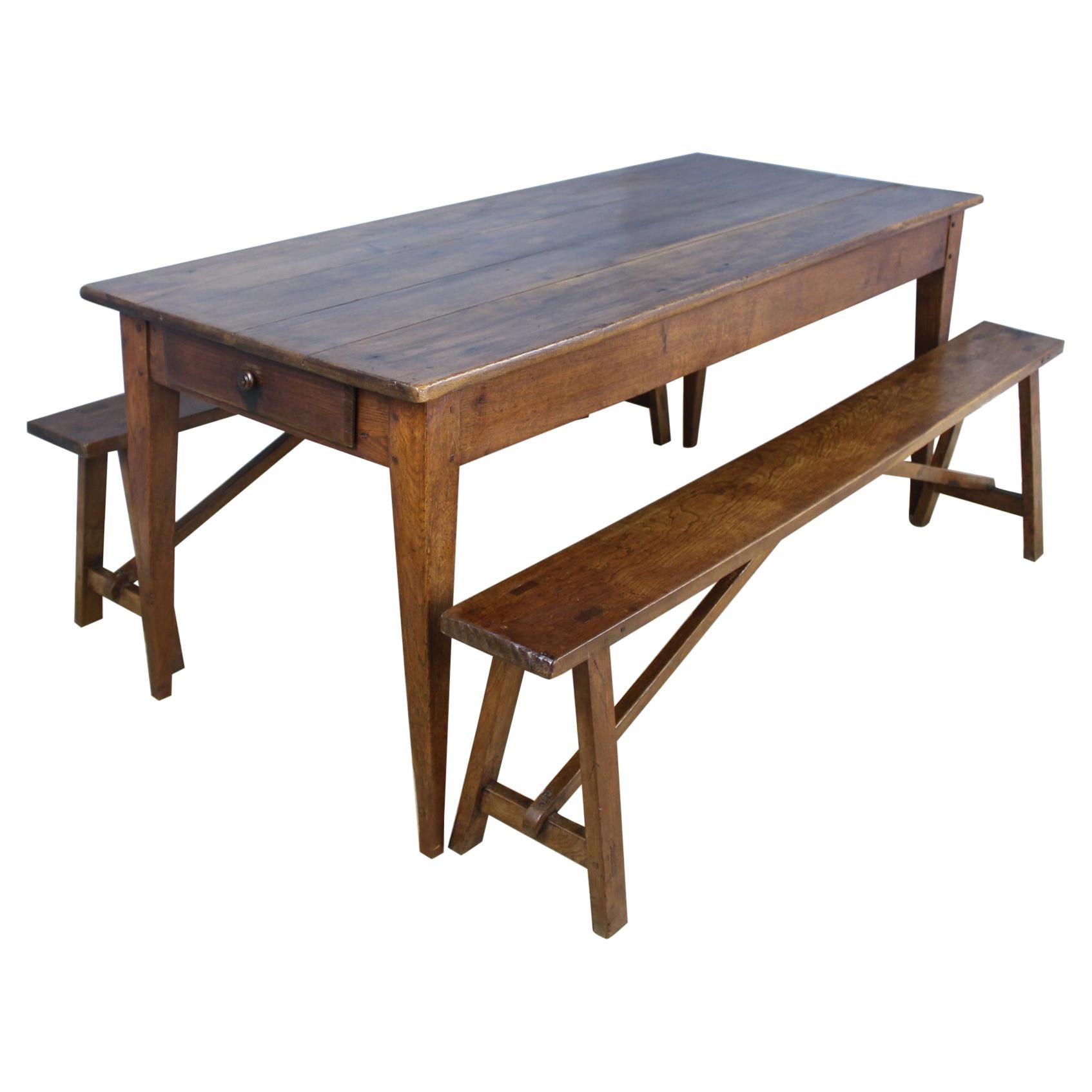 Antique Country Oak Farm Table with Two Matching Benches