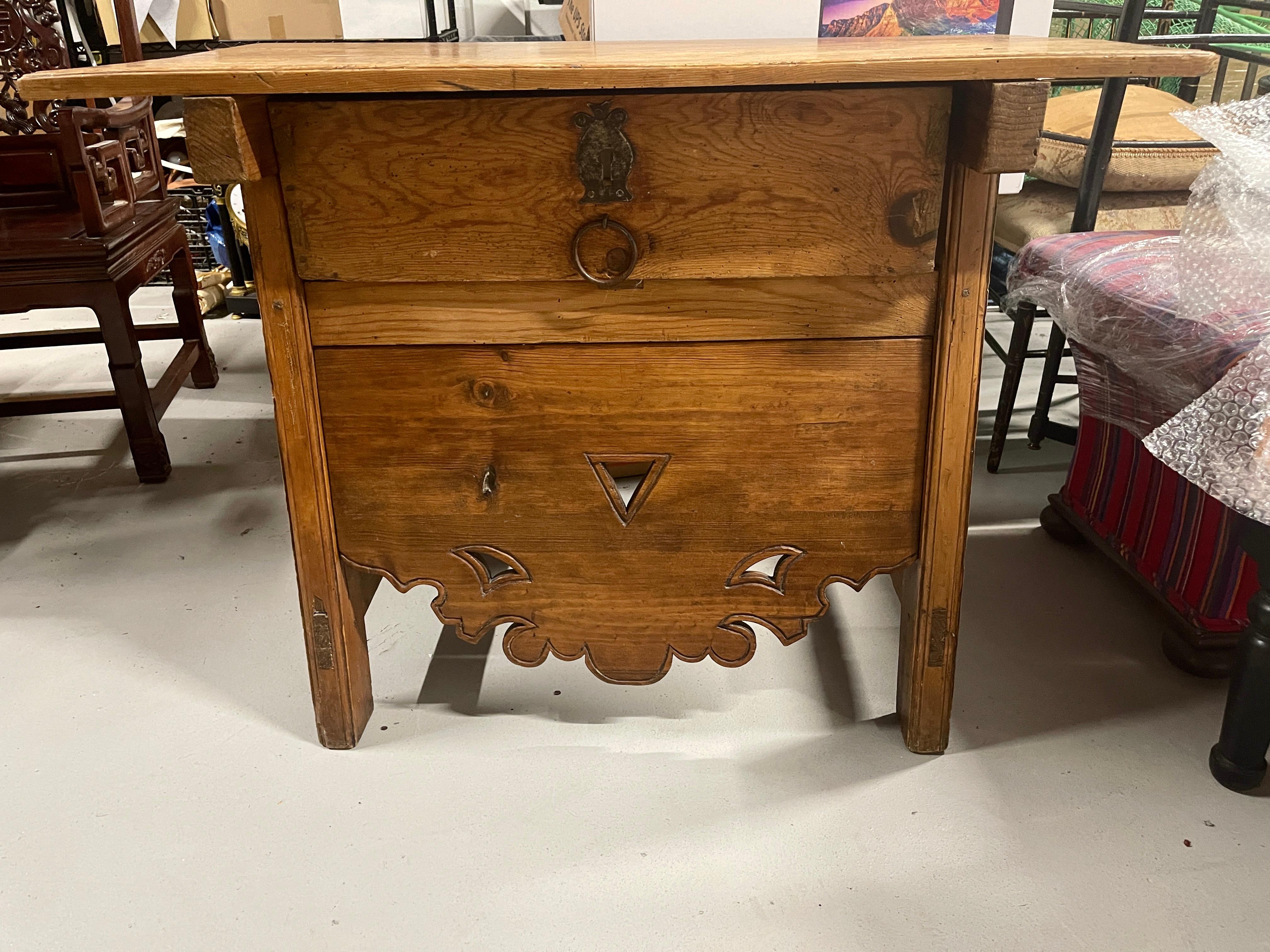 Great looking antique one drawer nightstand or table. Spanish Colonial likely Mexican. At least 19th century possible earlier. Old hardware and hand crafted nails. Out of a wonderful Palm Springs Estate. In good age appropriate condition. Some