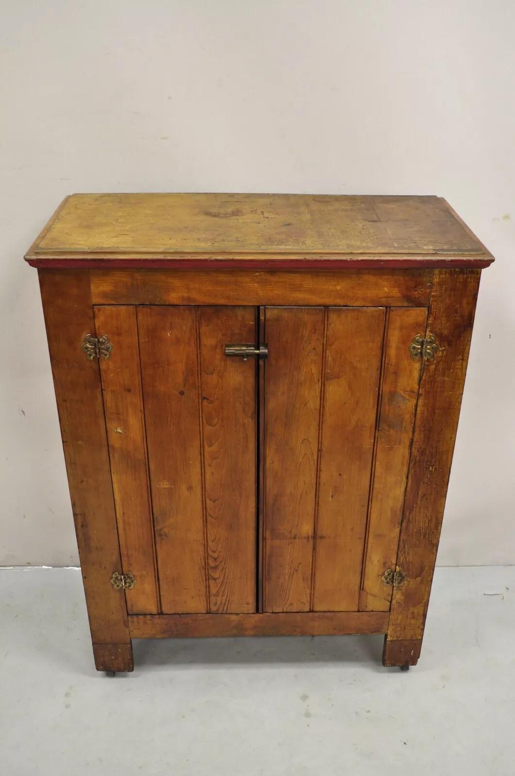 Antique Country Primitive Pine Wood Stained 2 Door Pantry Cupboard Cabinet 6