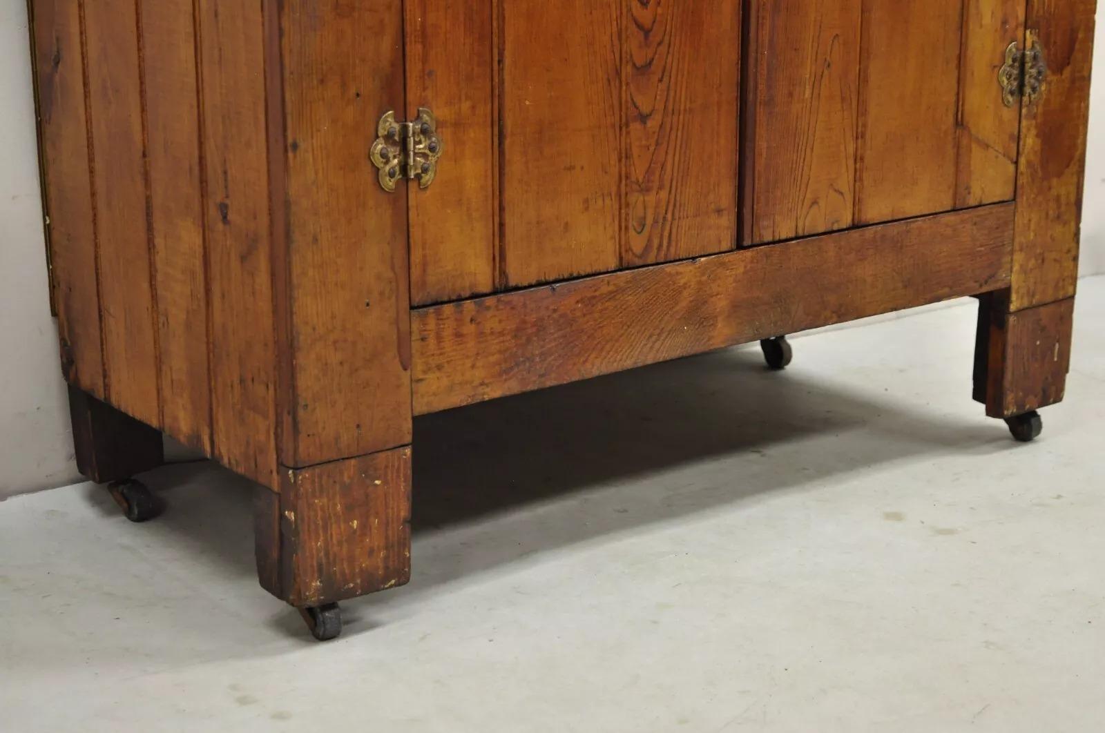 Antique Country Primitive Pine Wood Stained 2 Door Pantry Cupboard Cabinet 2