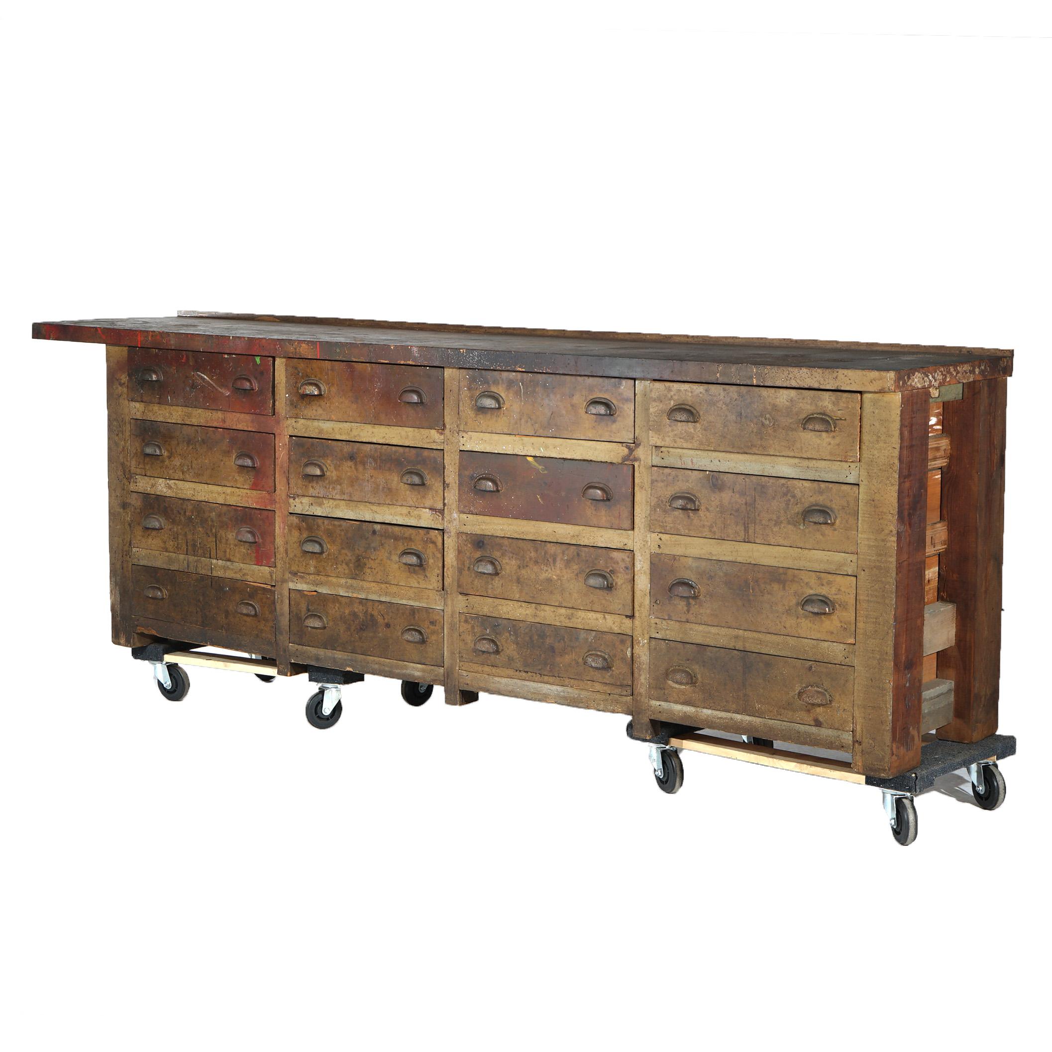 ***Ask About Discounted In-House Shipping***
Antique Country store tool bench offers softwood construction with sixteen drawers, c1930

Measures - 34