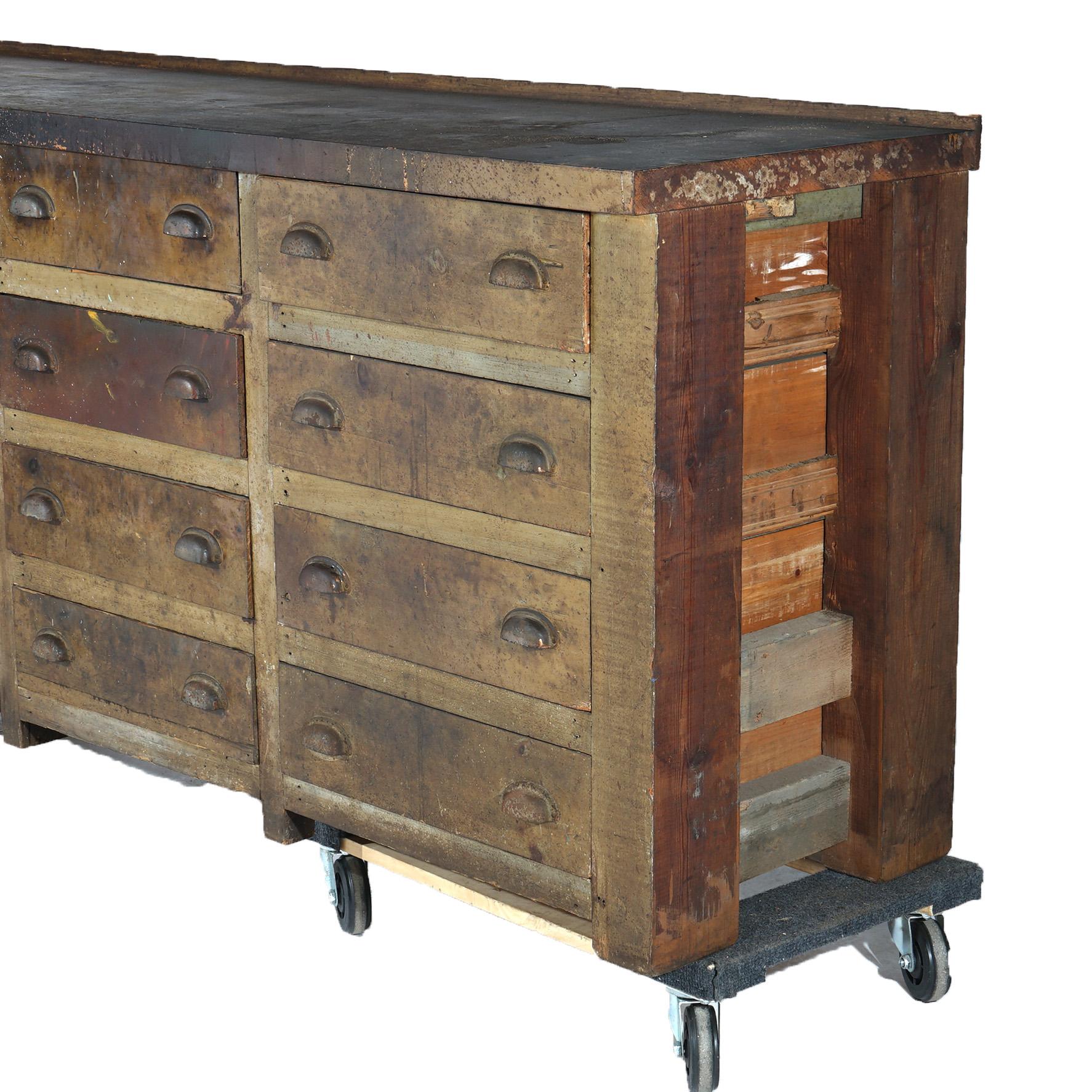 Antique Country Store 16-Drawer Tool Bench C1930 In Good Condition For Sale In Big Flats, NY