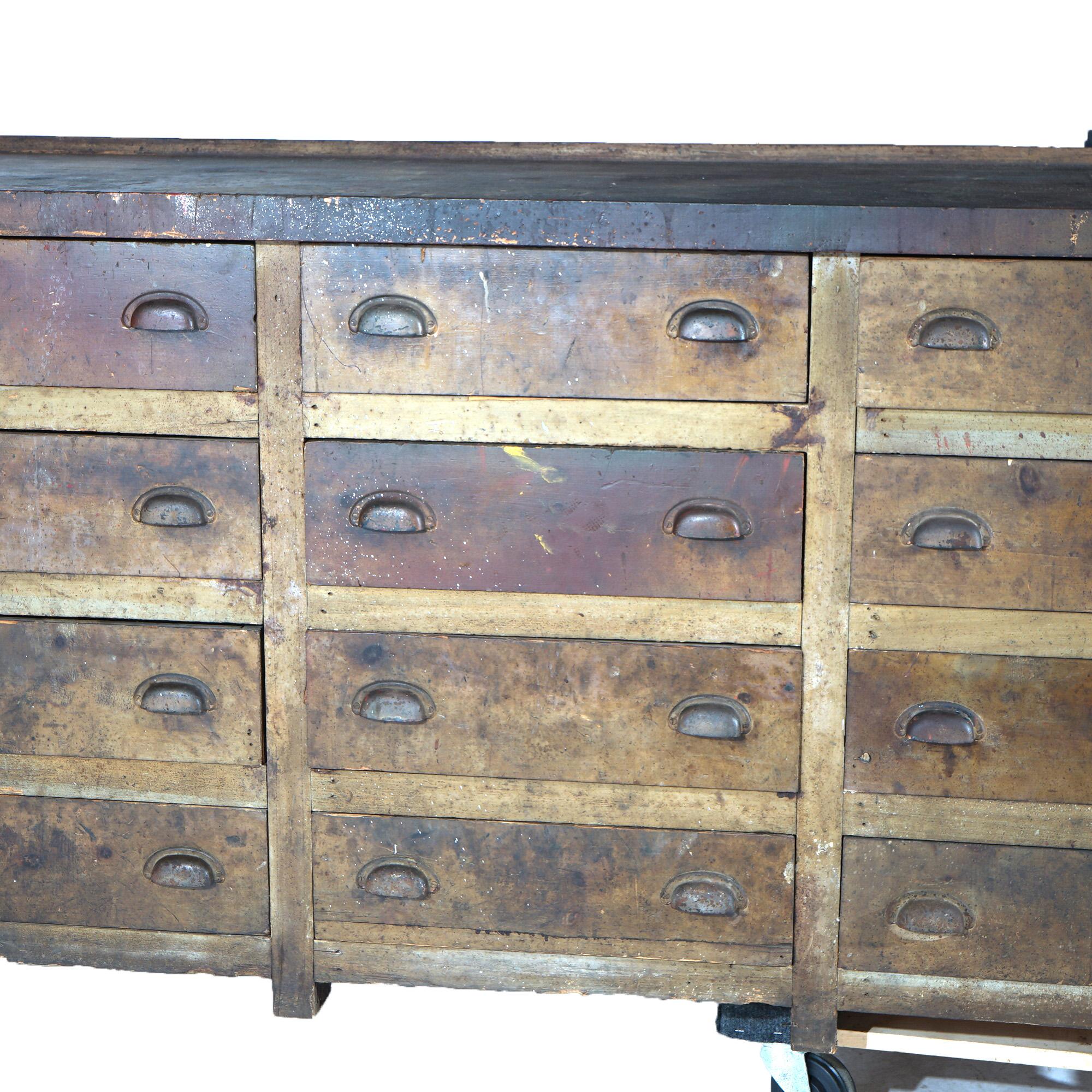 Softwood Antique Country Store 16-Drawer Tool Bench C1930 For Sale