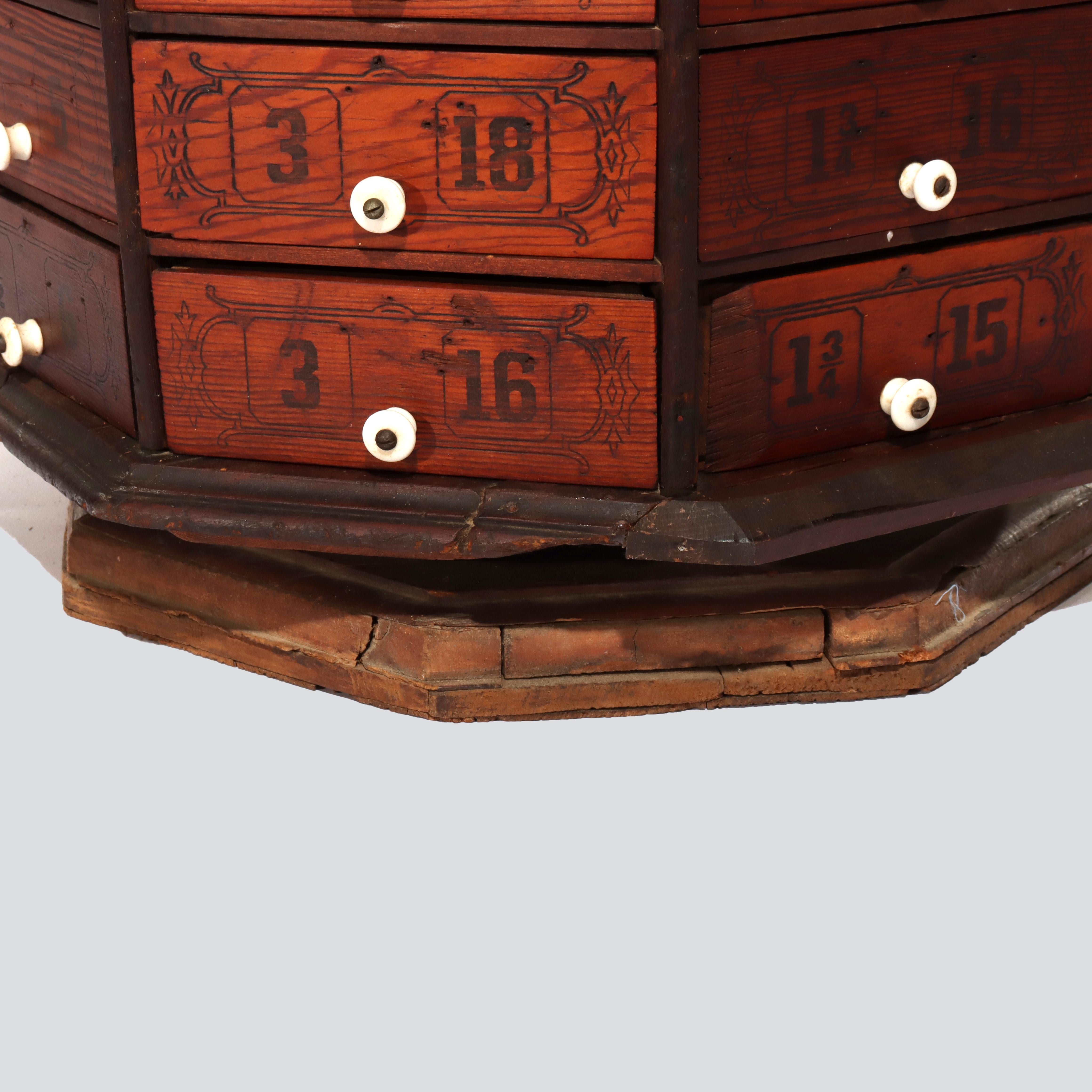 Antique Country Store Stenciled Octogonal Hardware Cabinet C1900 In Good Condition In Big Flats, NY