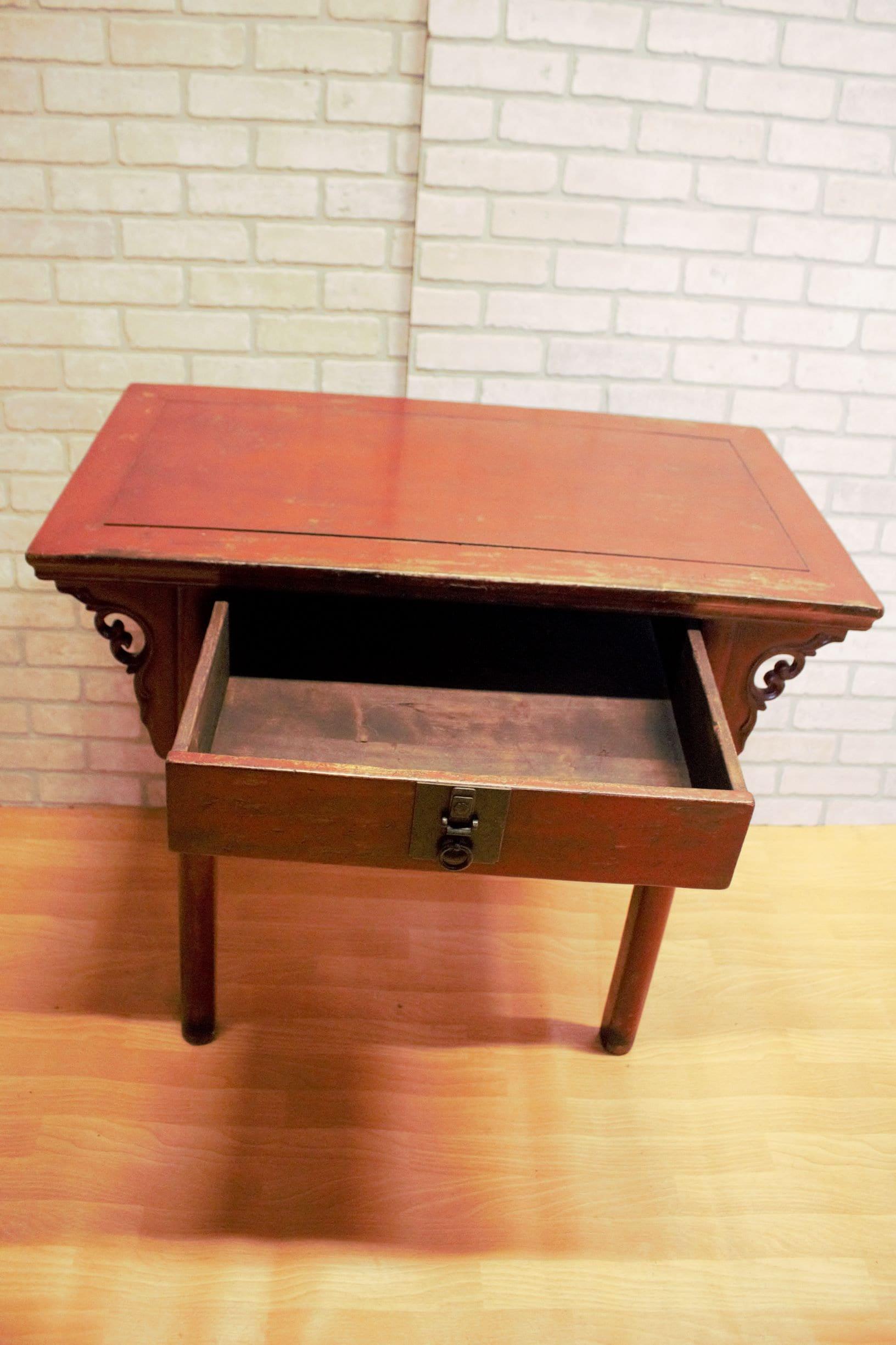 Elm Antique Country-Style Chinese Red Lacquer Altar Desk/Console Table For Sale