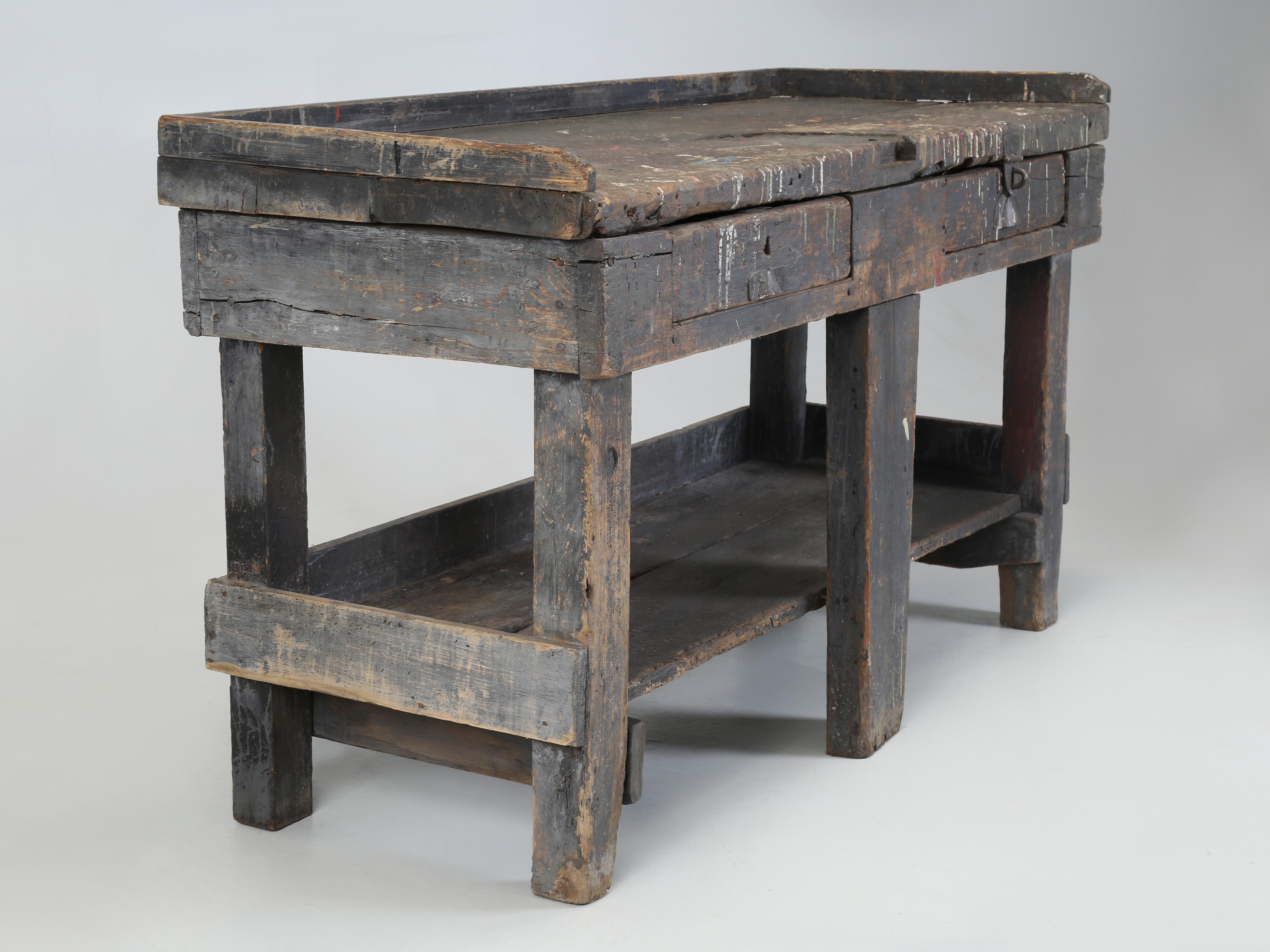 Antique Country Swedish Work Bench in Old Paint and Structurally Sound c1800's For Sale 5