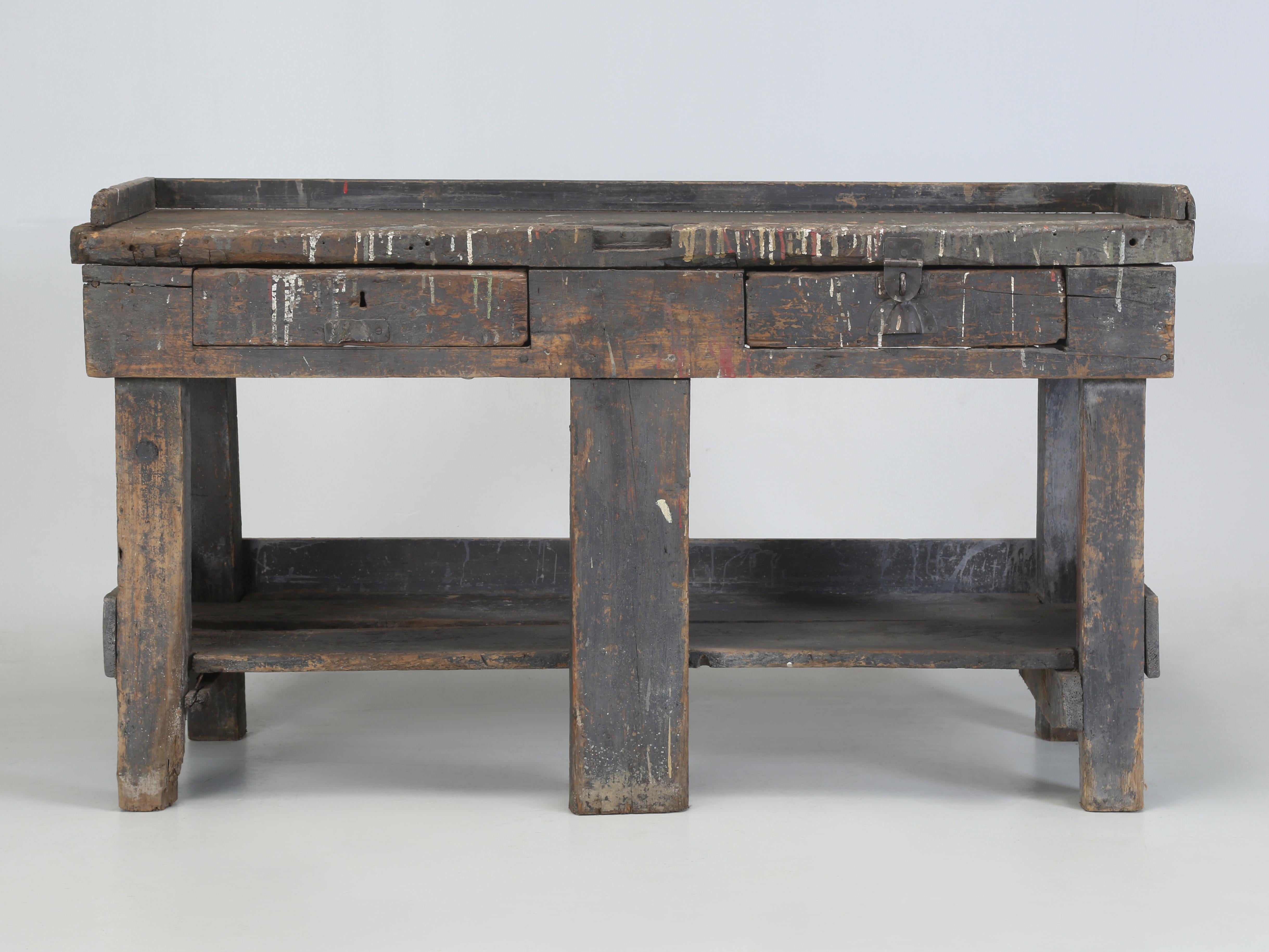 Early 20th Century Antique Country Swedish Work Bench in Old Paint and Structurally Sound c1800's For Sale