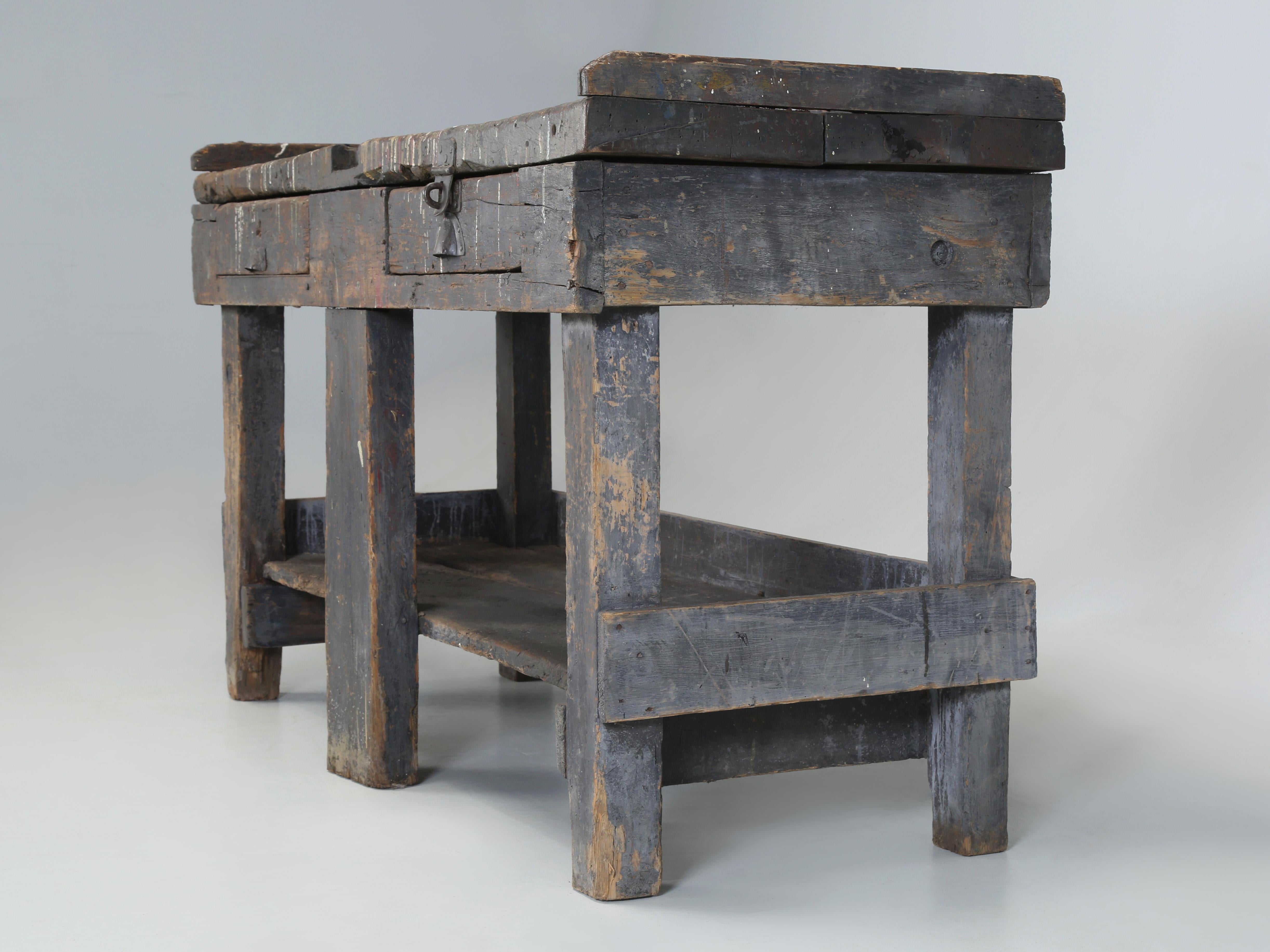 Wood Antique Country Swedish Work Bench in Old Paint and Structurally Sound c1800's For Sale