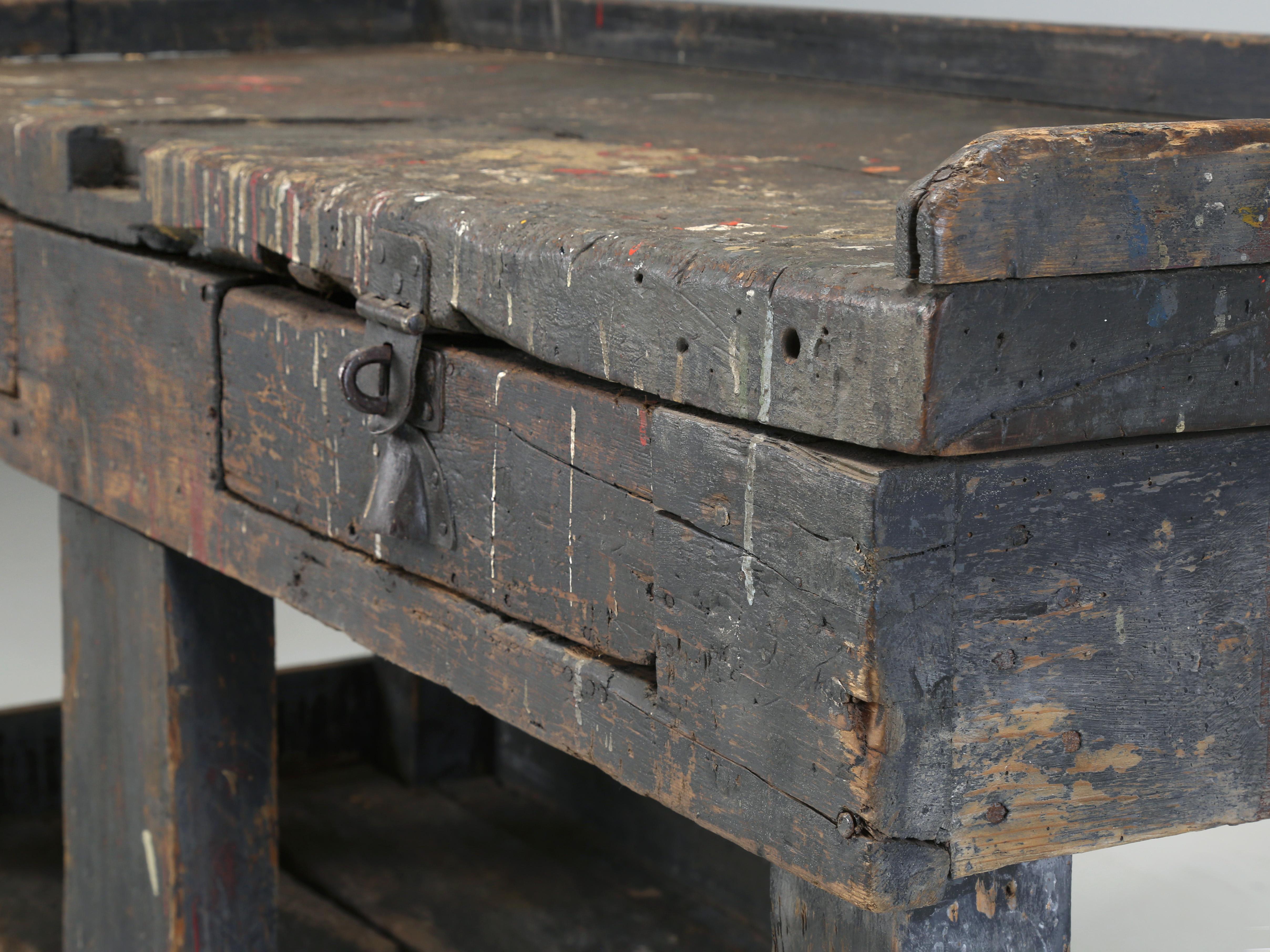 Antique Country Swedish Work Bench in Old Paint and Structurally Sound c1800's For Sale 1