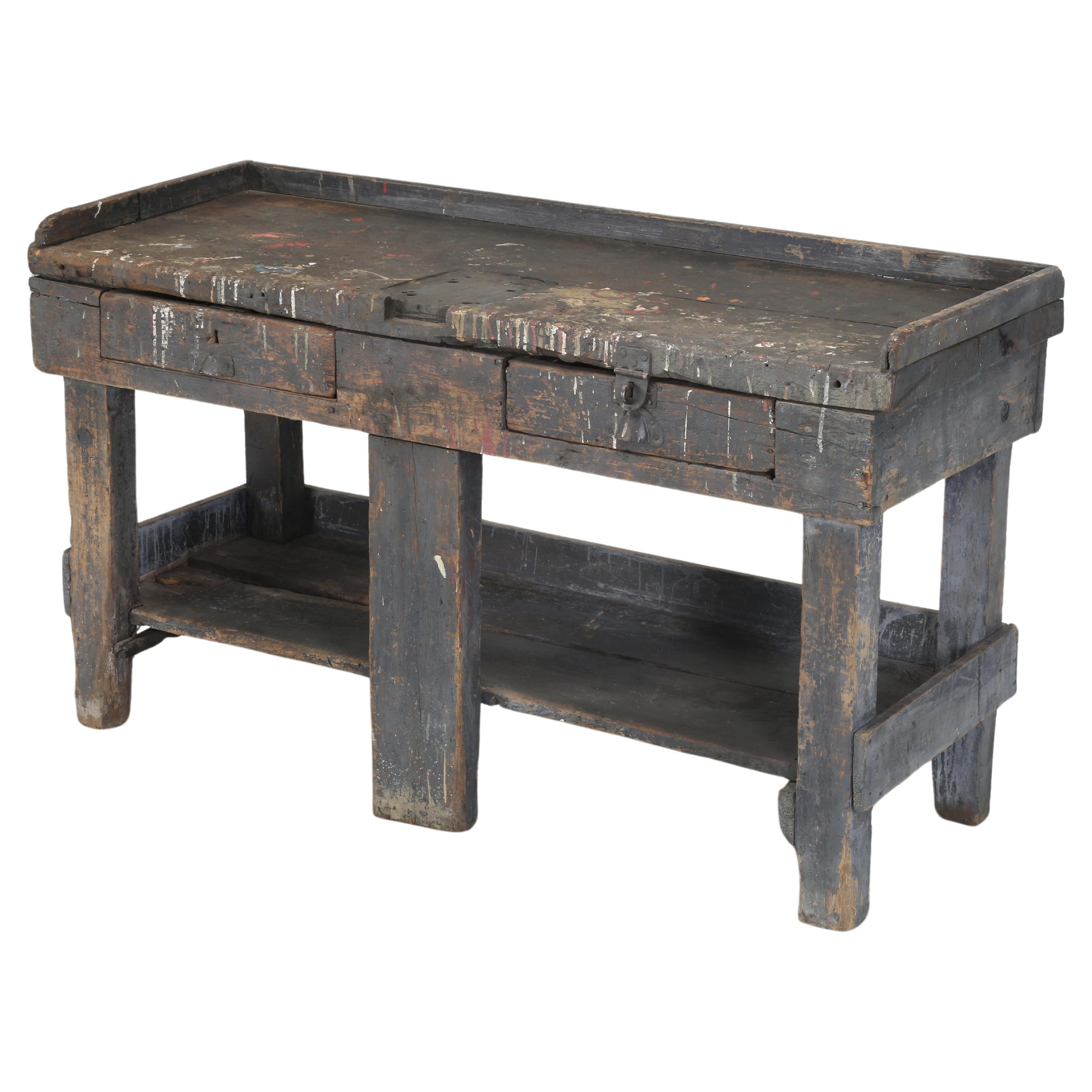 Antique Country Swedish Work Bench in Old Paint and Structurally Sound c1800's For Sale
