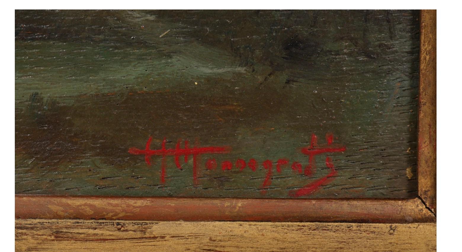 Ein schönes antikes Ölgemälde auf Karton, das eine ländliche Szene darstellt. In gedämpften, erdigen Grün-, Blau- und Brauntönen gehalten. Der vergoldete Rahmen aus der Zeit ist absolut atemberaubend.

Rechts unten in Rot signiert.

Malerei
8.5 x