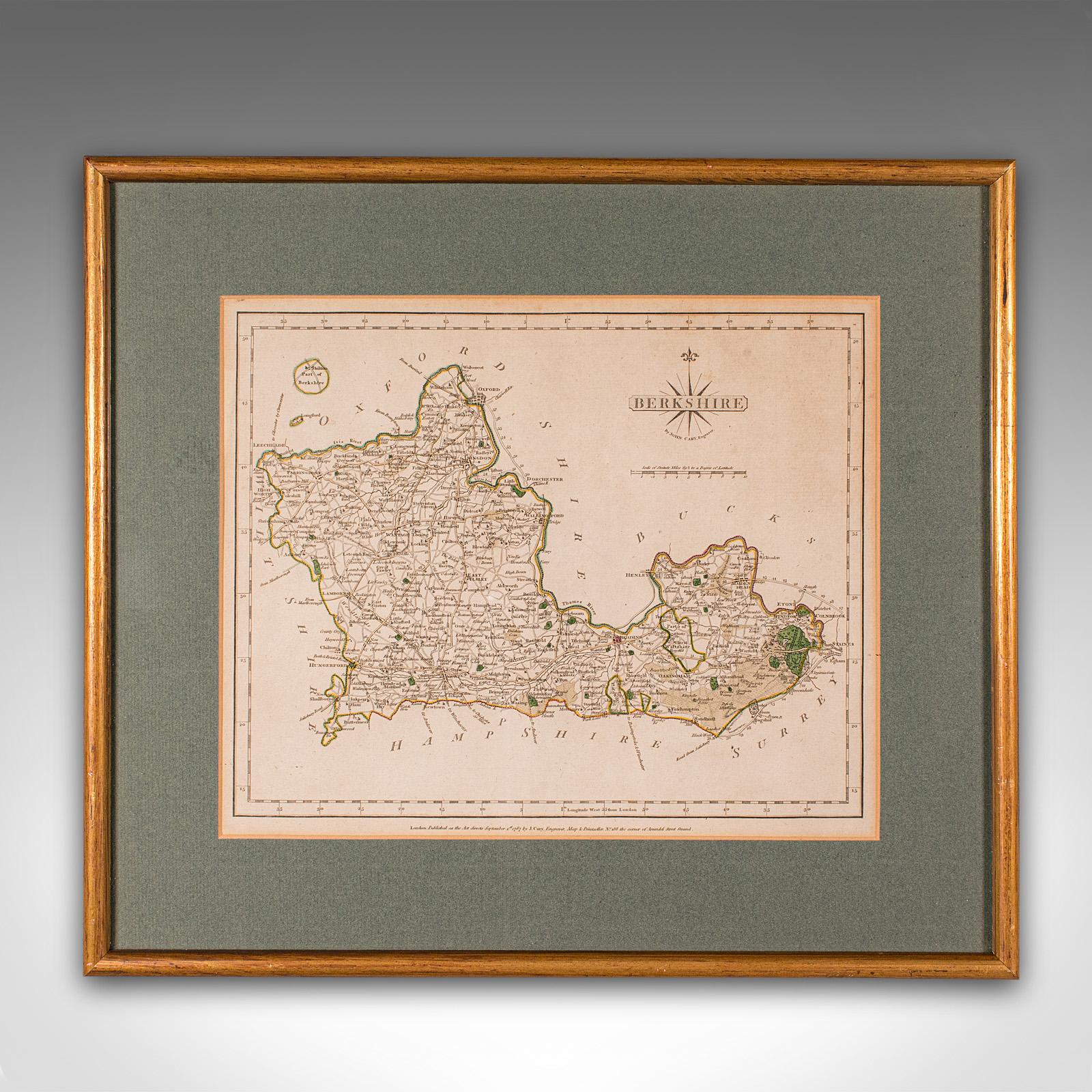 
This is an antique county map of Berkshire. An English, framed atlas engraving of cartographic interest by John Cary, dating to the late 18th century and later.

Superb lithography of Berkshire and its county detail, perfect for display
Displaying