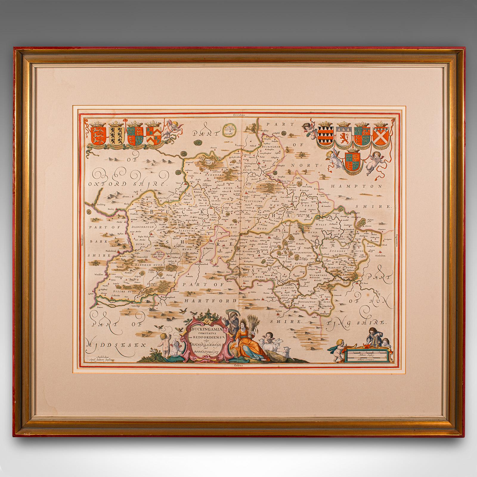 
This is an antique county map of Buckinghamshire and Bedfordshire. A Dutch, framed atlas engraving by Johannes Janssonius, dating to the 17th century and later.

A treat for the collector or county native, with this charming dual county