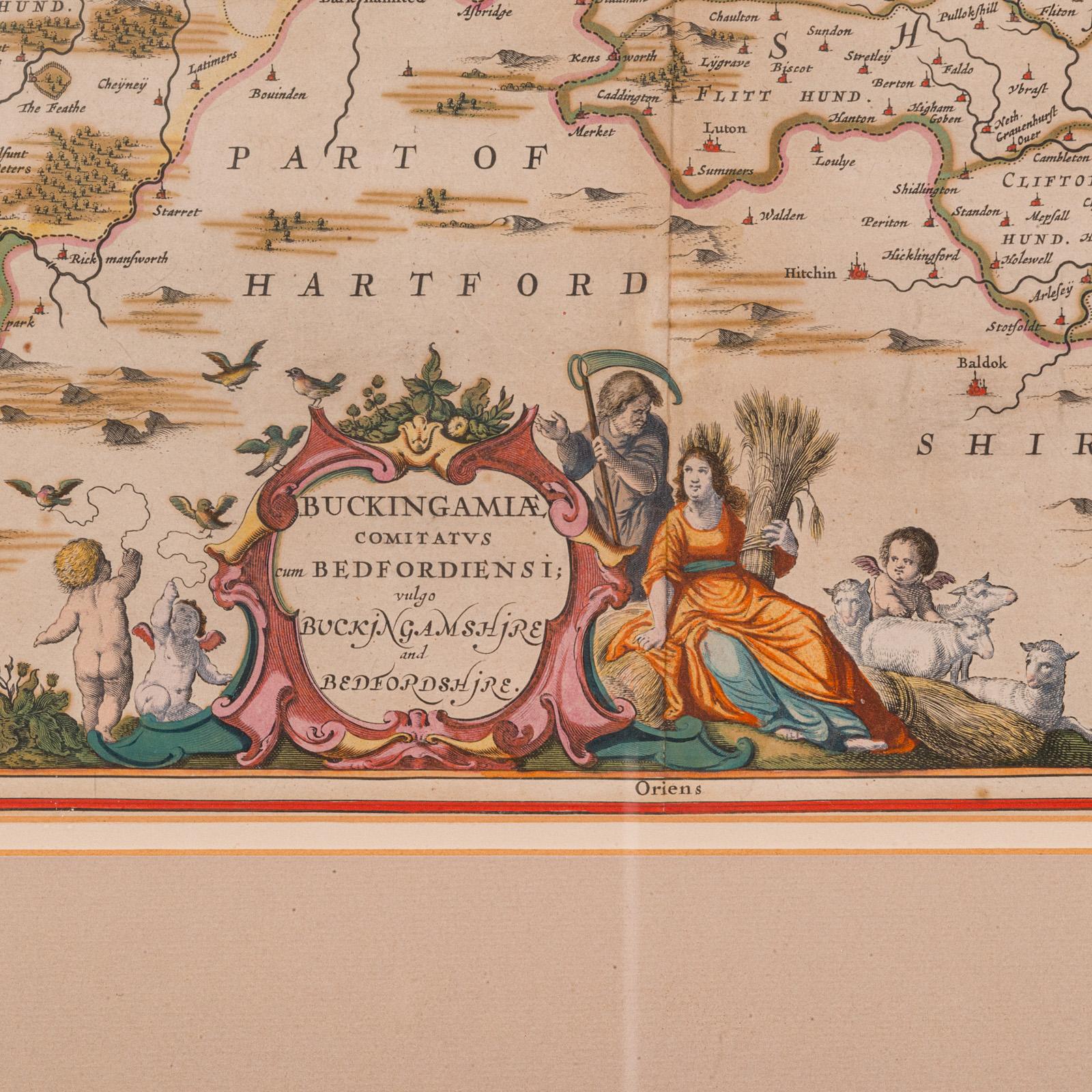 17th Century Antique County Map, Buckinghamshire, Bedfordshire, Dutch, Framed, Janssonius For Sale