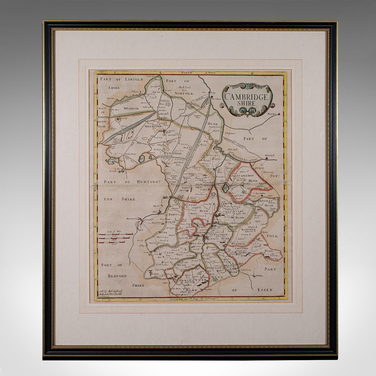 
Dies ist eine antike Grafschaftskarte von Cambridgeshire. Ein englischer, gerahmter Atlasstich von kartografischem Interesse von Robert Morden, der auf das späte 17.

Hervorragende Lithographie von Cambridgeshire und seiner Grafschaft Detail,
