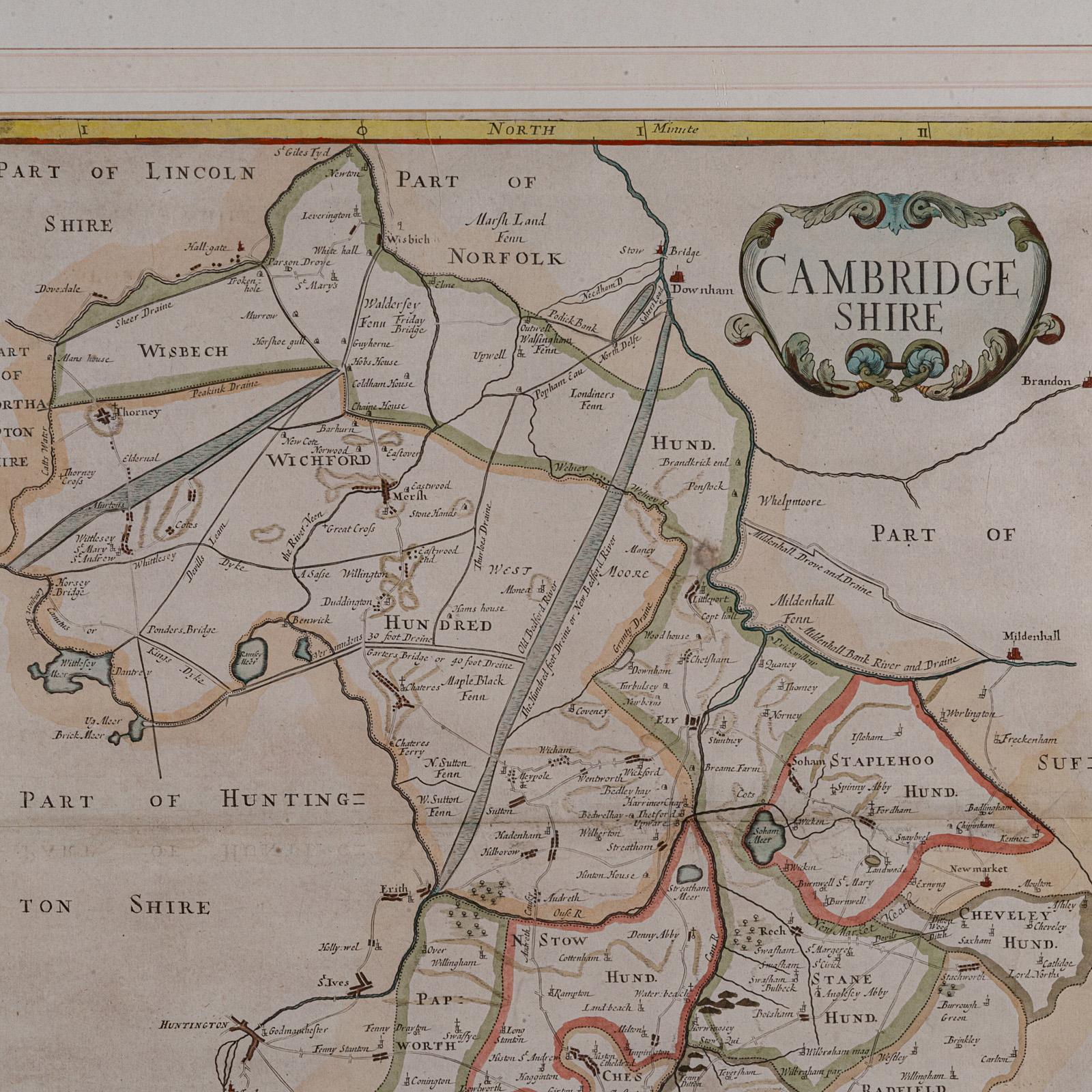 Antike County Karte, Cambridgeshire, Englisch, Gerahmte Kartographie, Robert Morden im Zustand „Gut“ im Angebot in Hele, Devon, GB