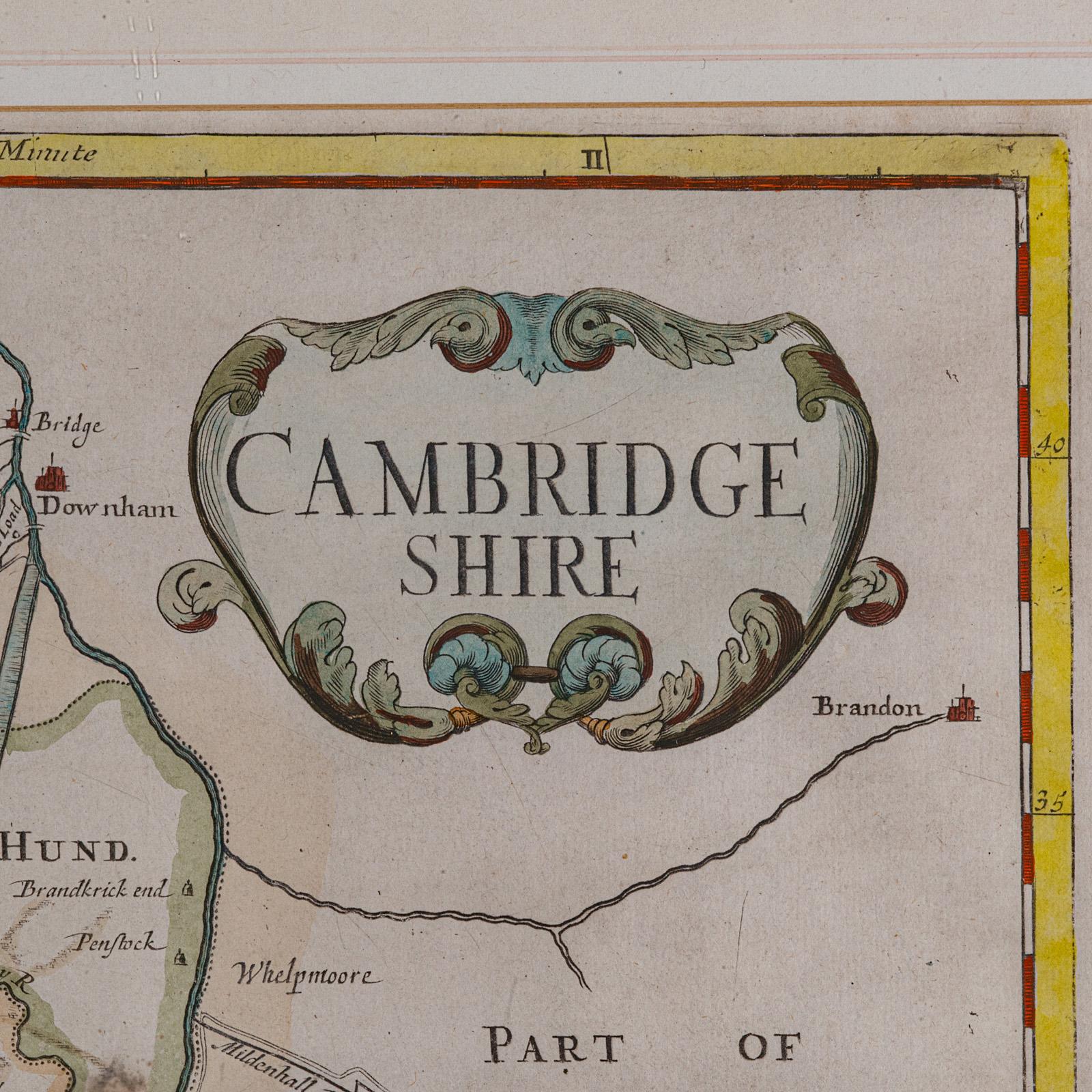 Antike County Karte, Cambridgeshire, Englisch, Gerahmte Kartographie, Robert Morden (Glas) im Angebot