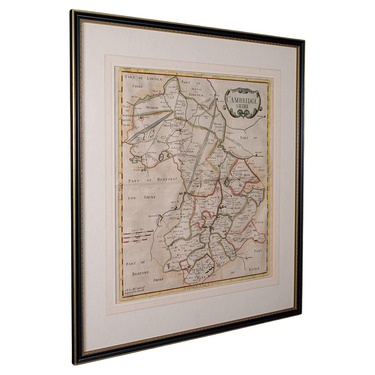 Carta geografica antica della contea, Cambridgeshire, Inglese, Cartografia con cornice, Robert Morden
