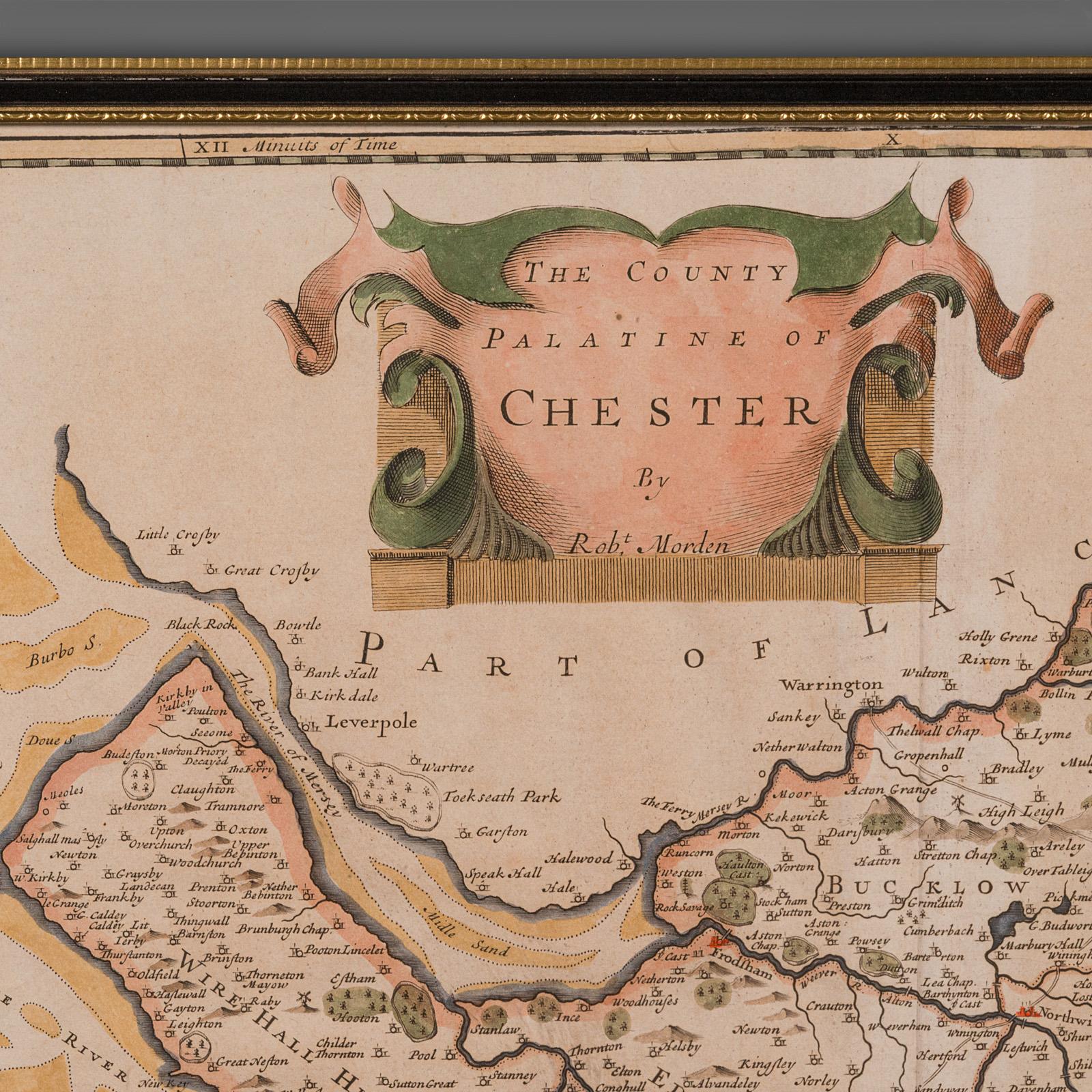 Antike Grafschaftskarte, Cheshire, Englisch, Gerahmte Kartographie, Robert Morden, 18.C. im Zustand „Gut“ im Angebot in Hele, Devon, GB