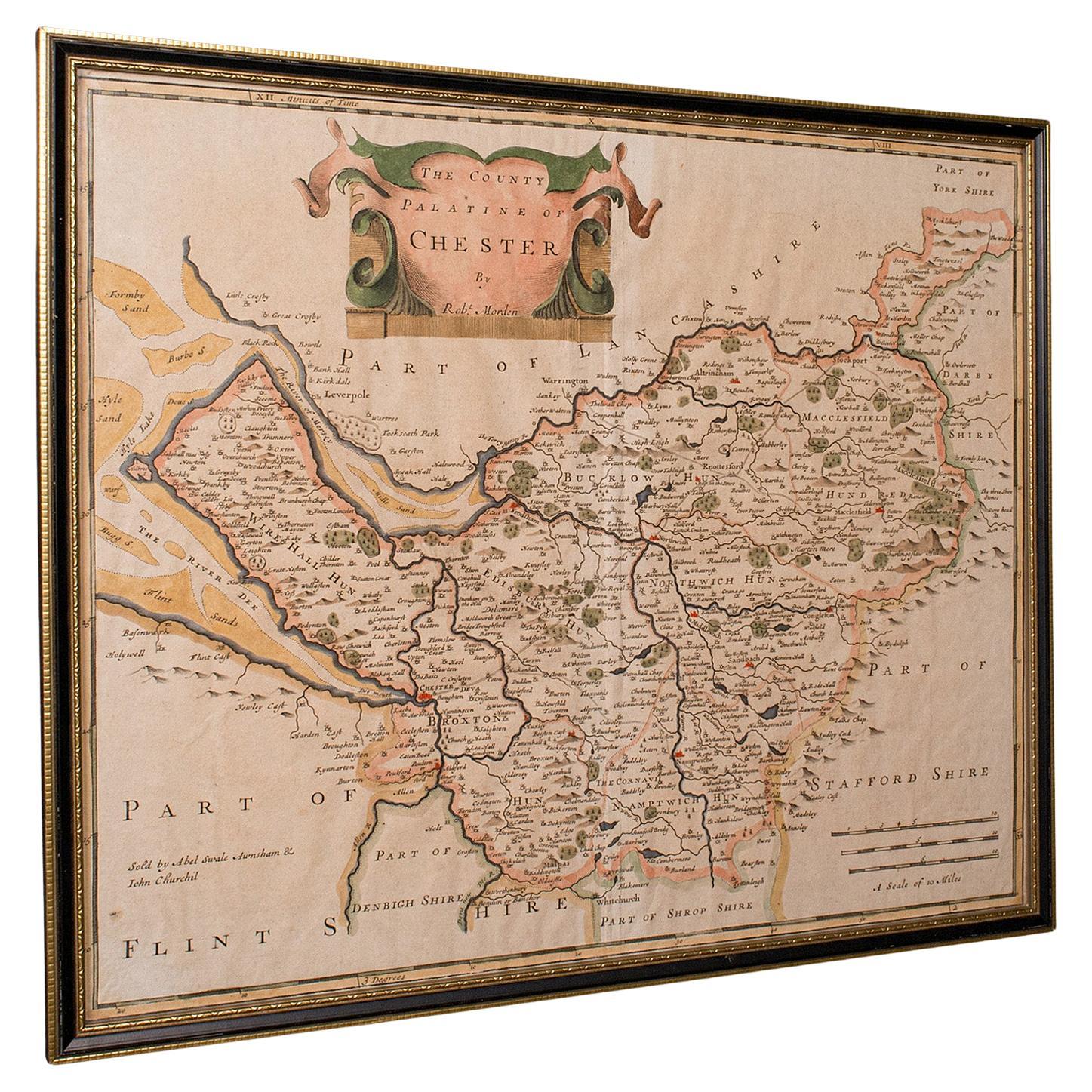 Mapa antiguo del condado, Cheshire, Cartografía, Inglés, Enmarcado, Robert Morden, S. XVIII