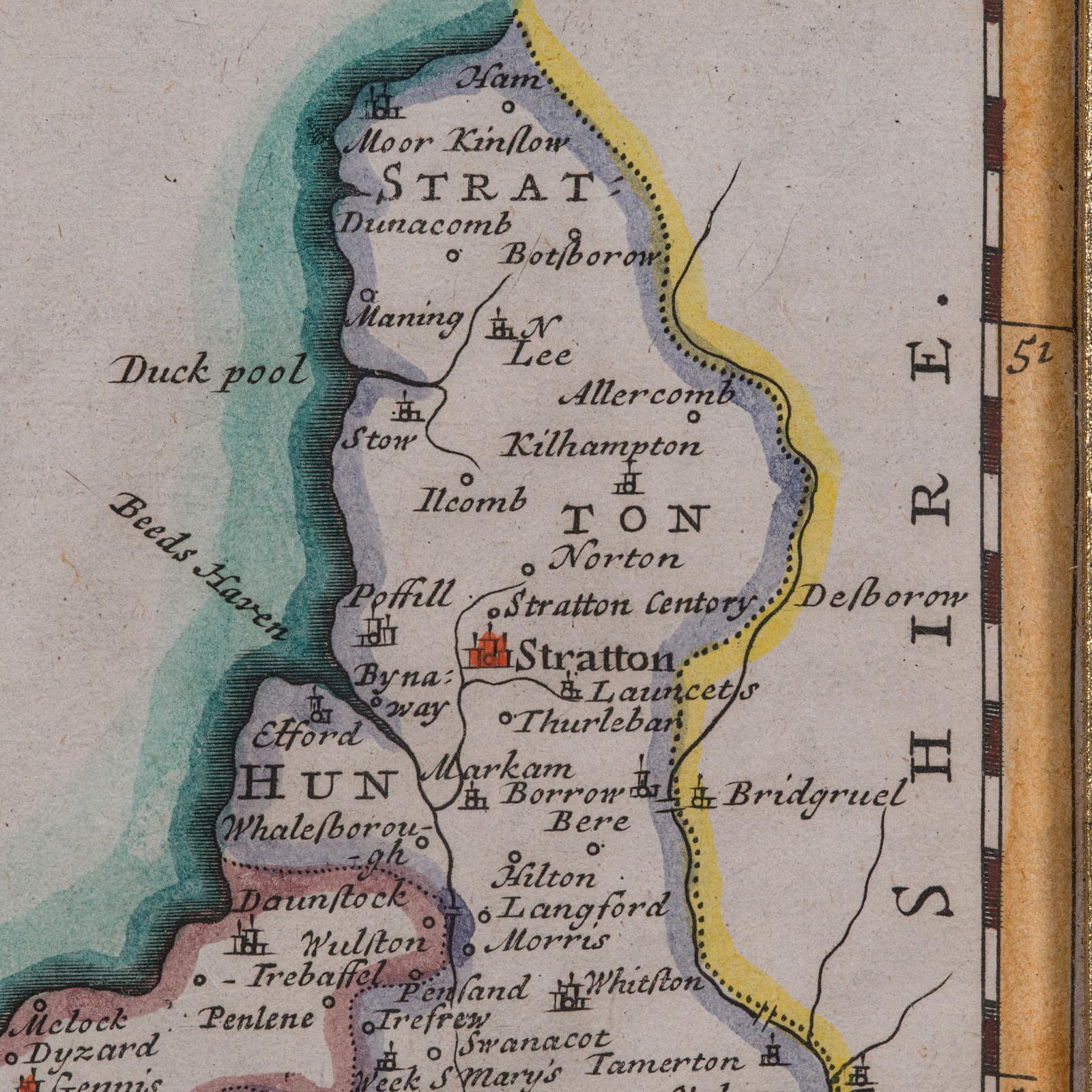 Carte de comté ancienne, Cornouailles, Kernow, Anglais, Frame, Robert Morden, Georgian en vente 3