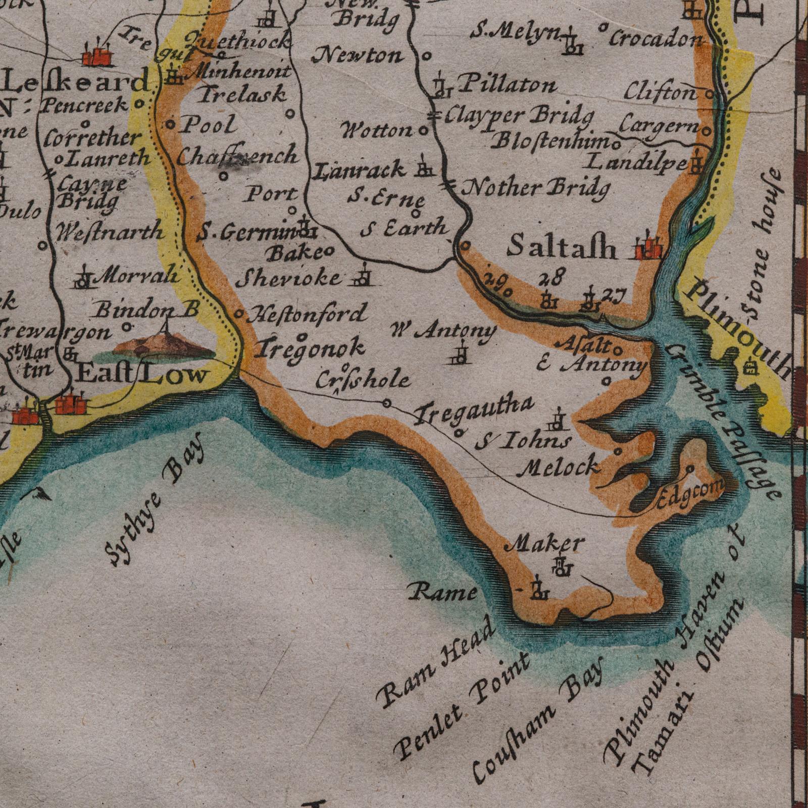 Carte de comté ancienne, Cornouailles, Kernow, Anglais, Frame, Robert Morden, Georgian en vente 4