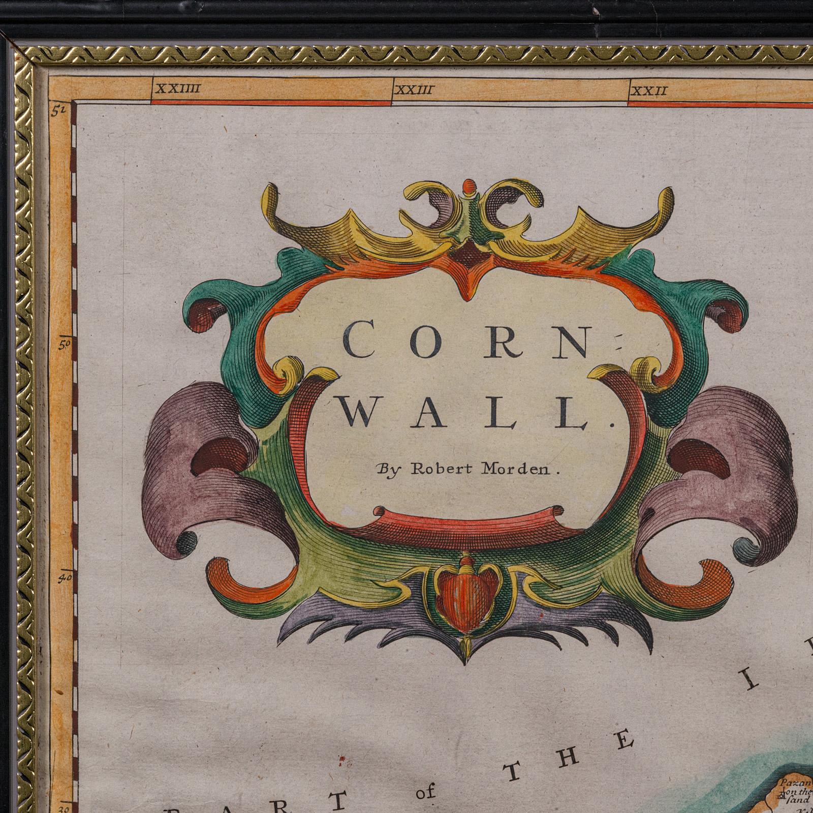 Carte de comté ancienne, Cornouailles, Kernow, Anglais, Frame, Robert Morden, Georgian Bon état - En vente à Hele, Devon, GB