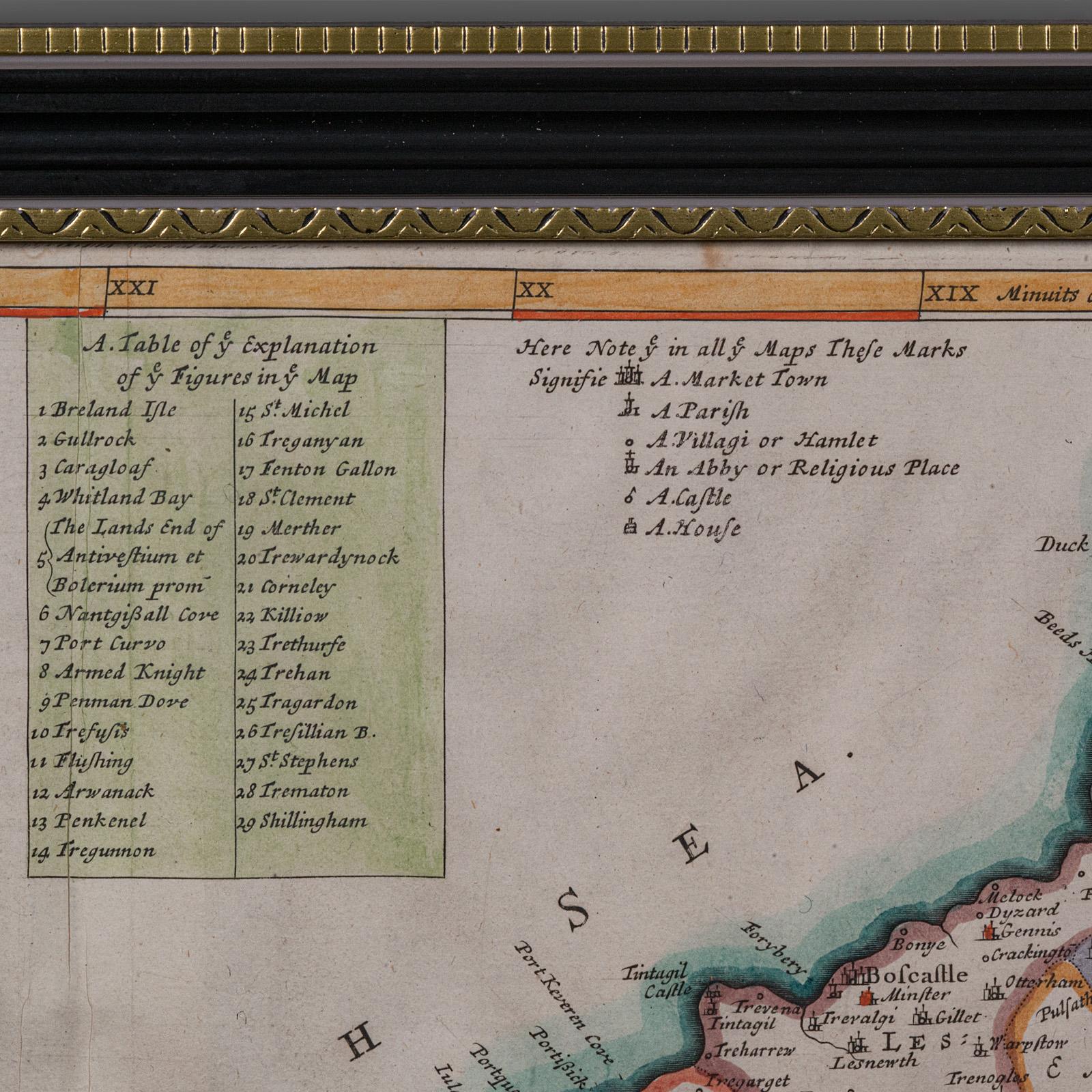 XVIIIe siècle Carte de comté ancienne, Cornouailles, Kernow, Anglais, Frame, Robert Morden, Georgian en vente