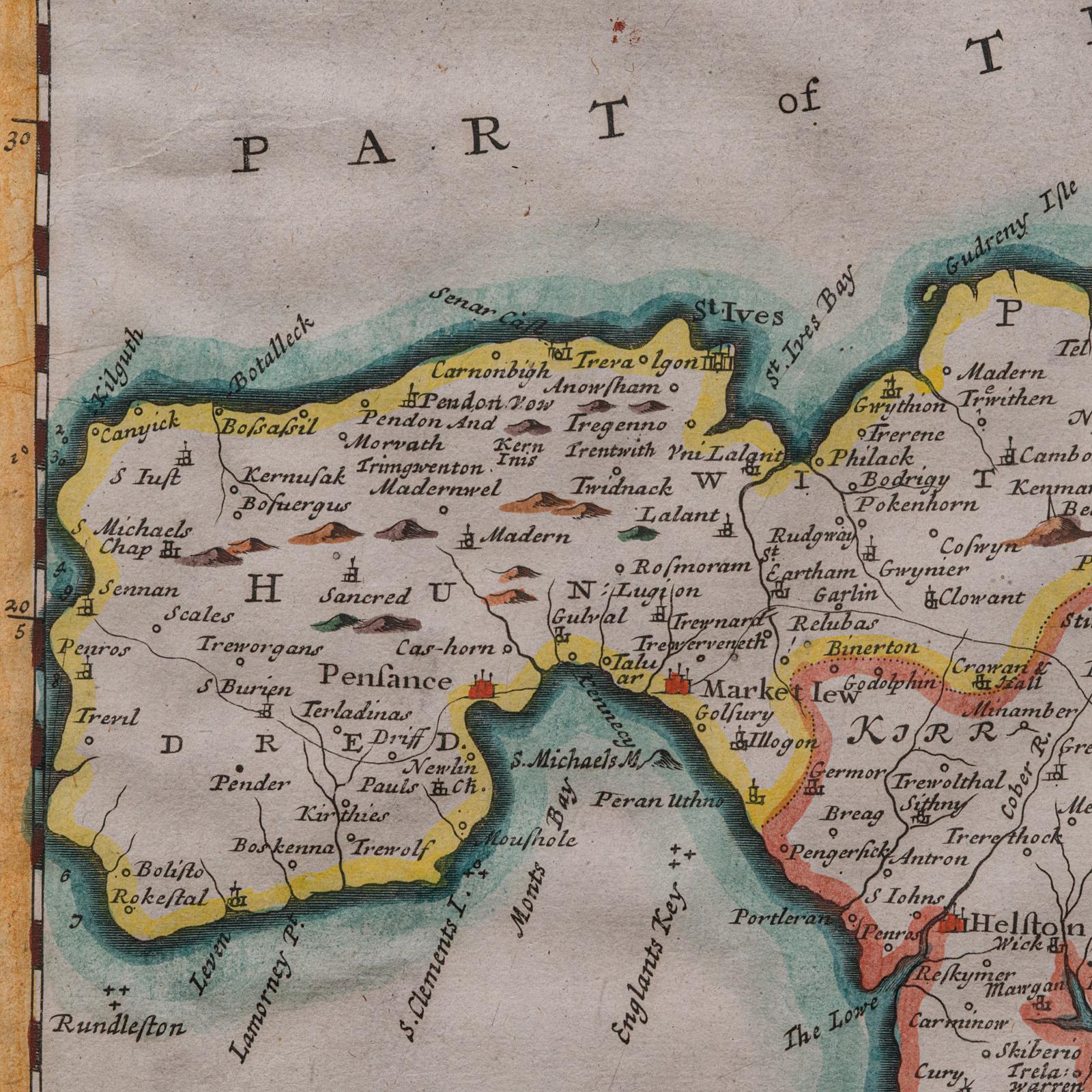 Verre Carte de comté ancienne, Cornouailles, Kernow, Anglais, Frame, Robert Morden, Georgian en vente