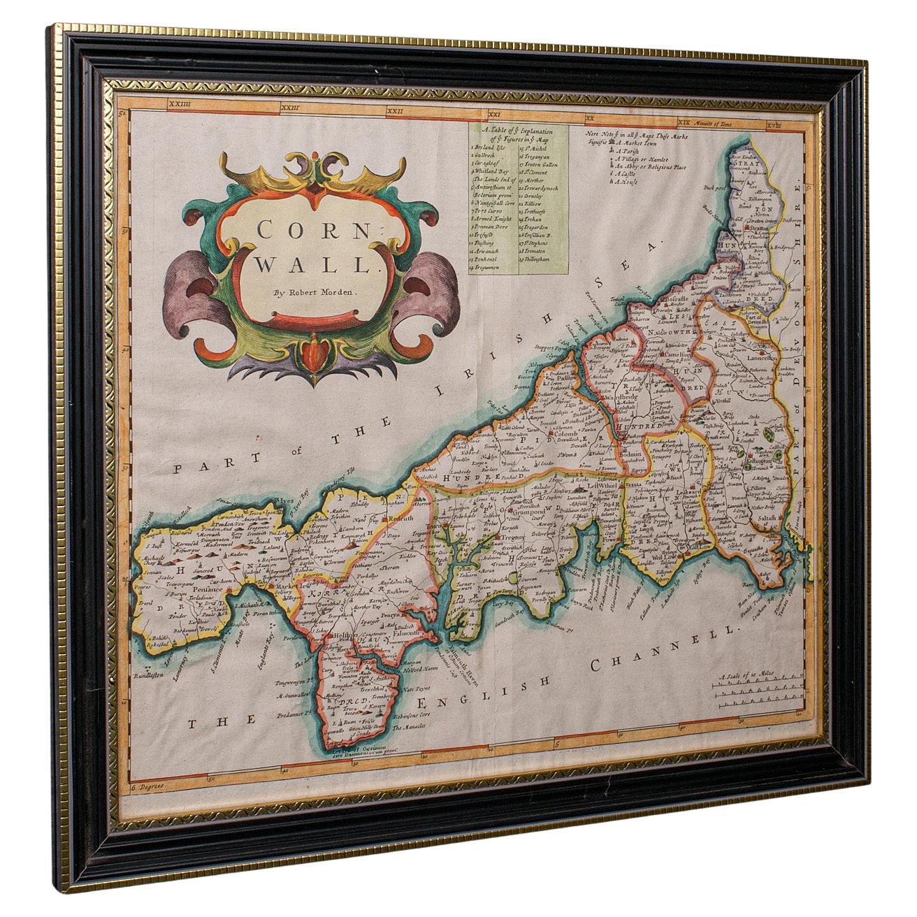 Carte de comté ancienne, Cornouailles, Kernow, Anglais, Frame, Robert Morden, Georgian en vente