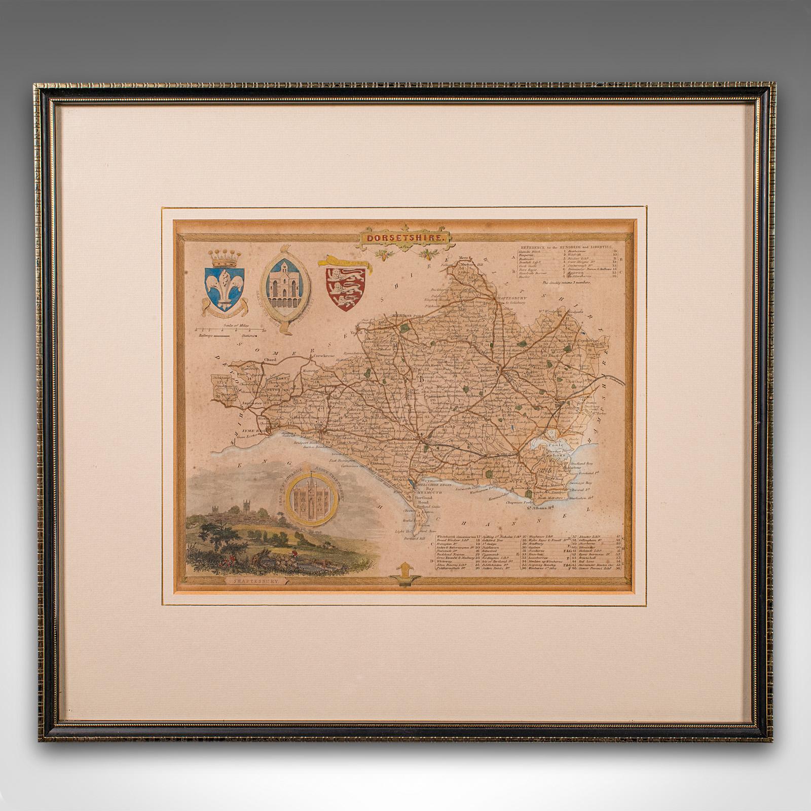
This is an antique lithography map of Dorset. An English, framed atlas engraving of cartographic interest, dating to the mid 19th century and later.

Superb lithography of Dorsetshire and its county detail, perfect for display
Displays a desirable