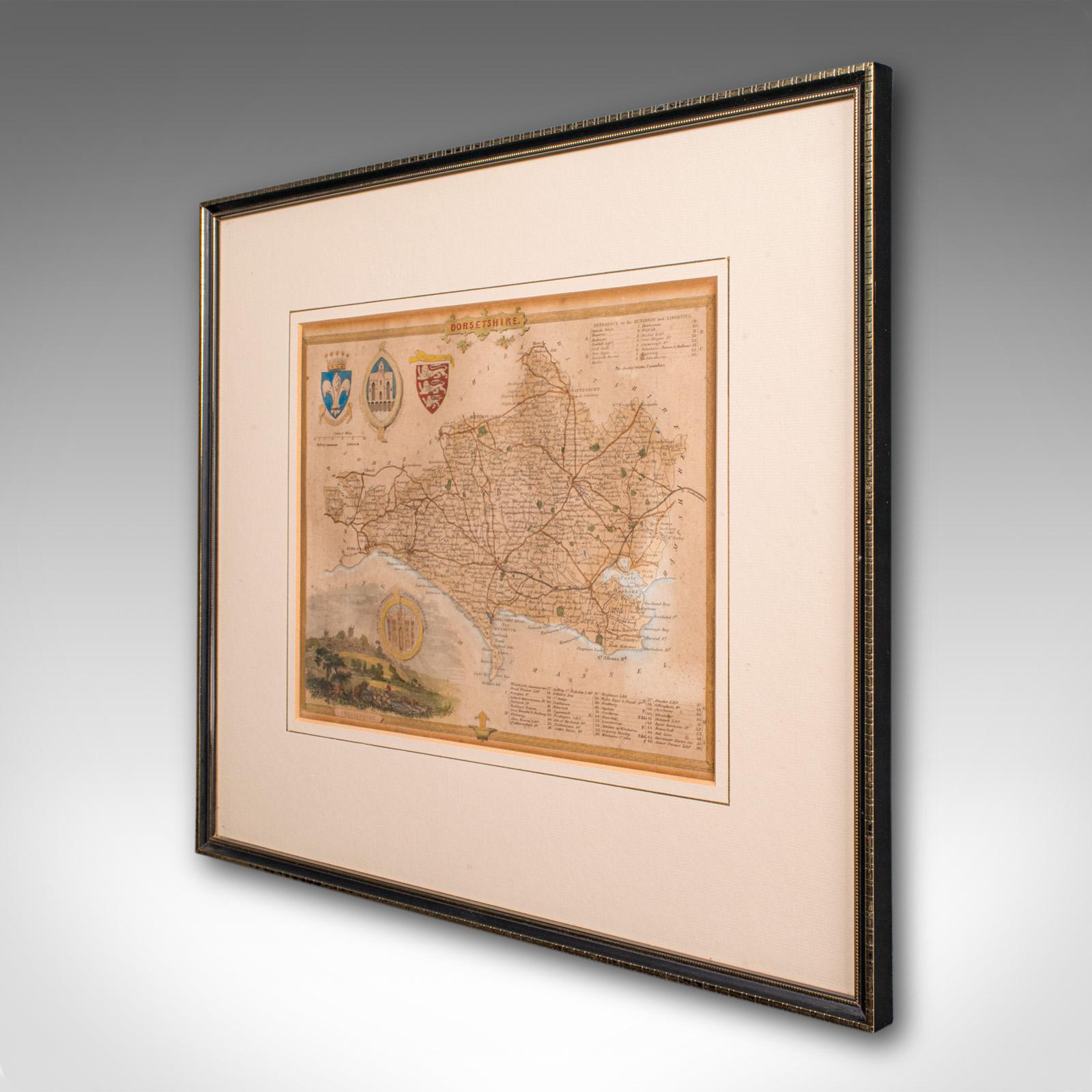 Victorian Antique County Map, Dorset, English, Framed Engraving, Cartography, Lithography For Sale