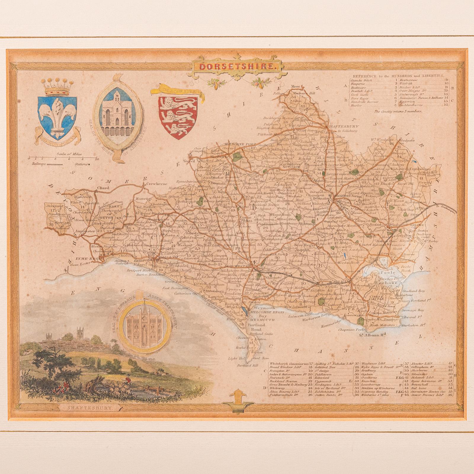 Antique County Map, Dorset, English, Framed Engraving, Cartography, Lithography In Good Condition For Sale In Hele, Devon, GB