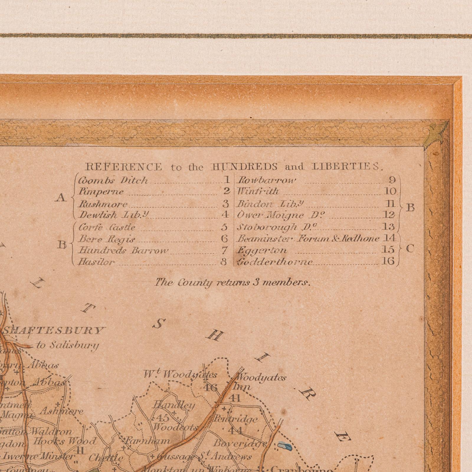 Antique County Map, Dorset, English, Framed Engraving, Cartography, Lithography For Sale 1
