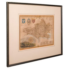 Antike County Karte, Dorset, Englisch, Gerahmte Gravur, Kartographie, Lithographie