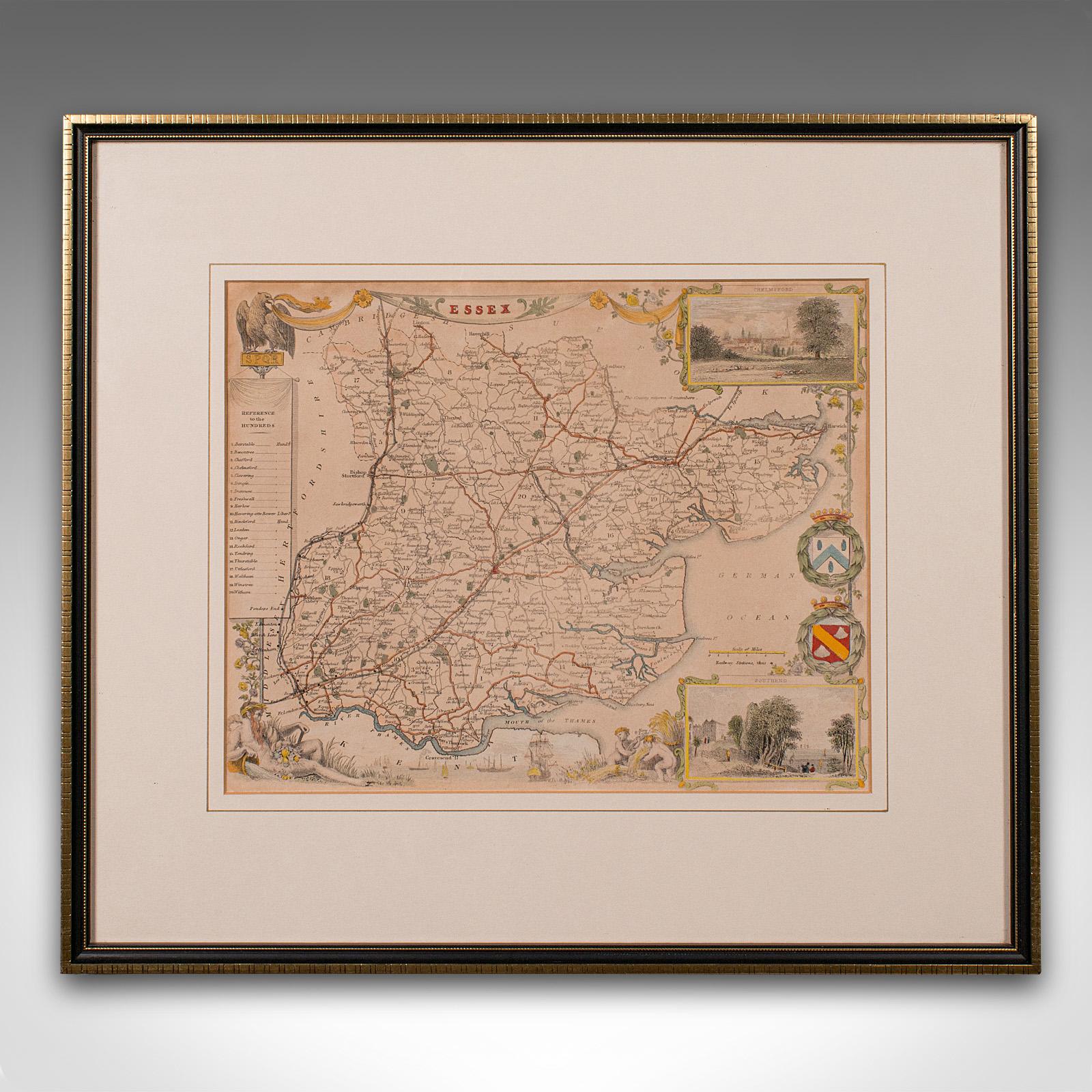 
This is an antique lithography map of Essex. An English, framed atlas engraving of cartographic interest, dating to the mid 19th century and later.

Superb lithography of Essex and its county detail, perfect for display
Displaying a desirable aged