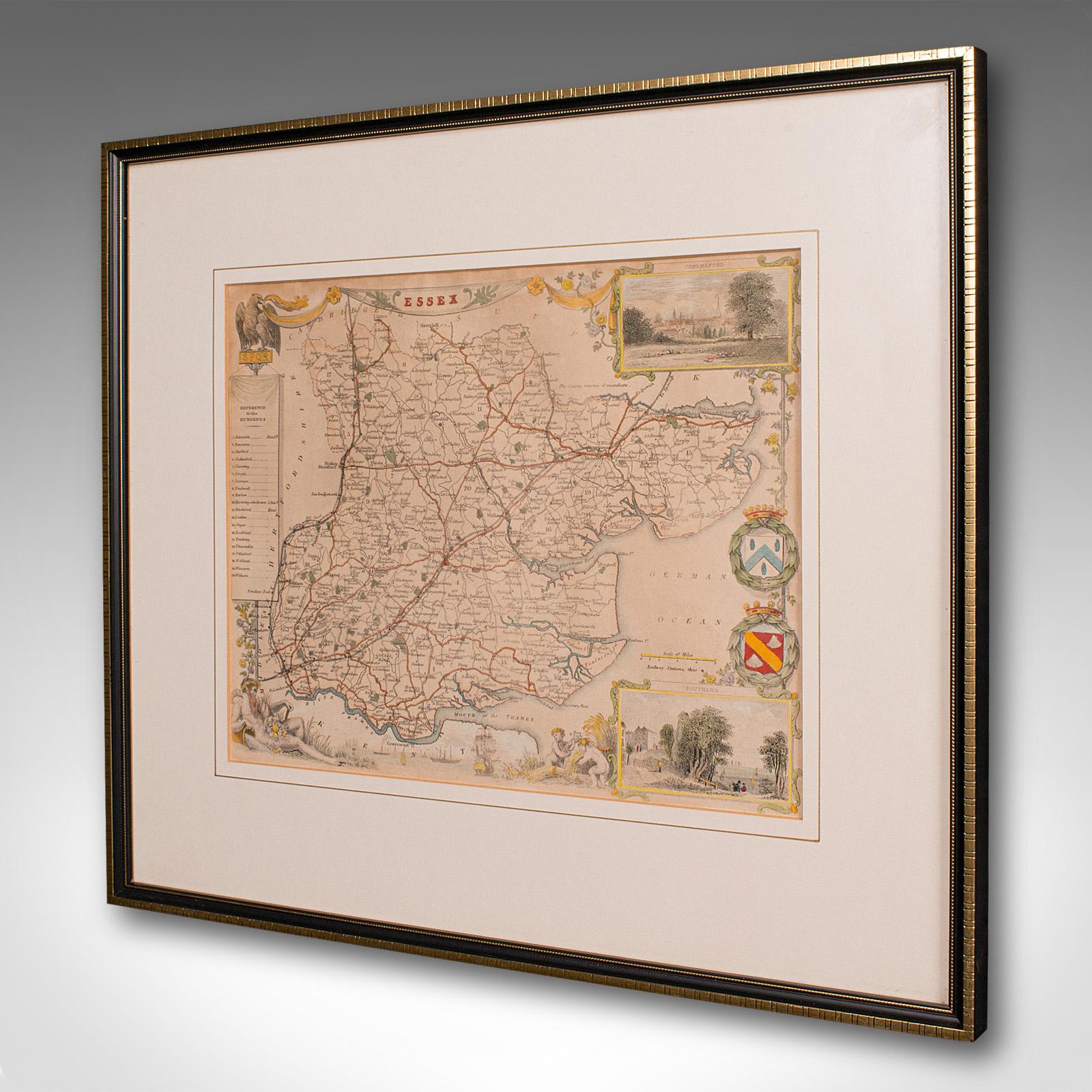 British Antique County Map, Essex, English, Framed, Cartographic Interest, Victorian For Sale