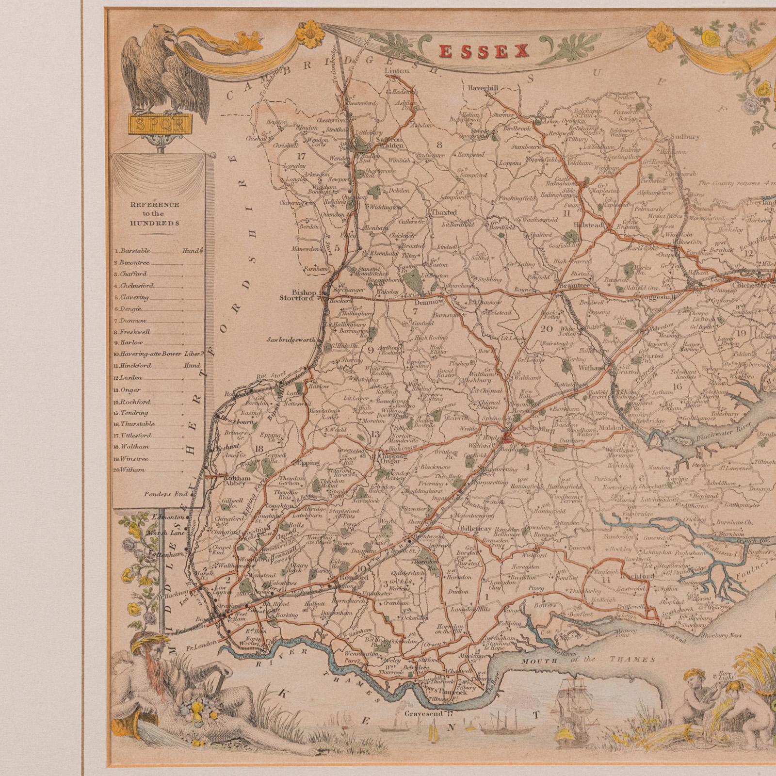 XIX secolo Mappa antica della contea, Essex, Inglese, Incorniciata, Interesse cartografico, Vittoriano in vendita