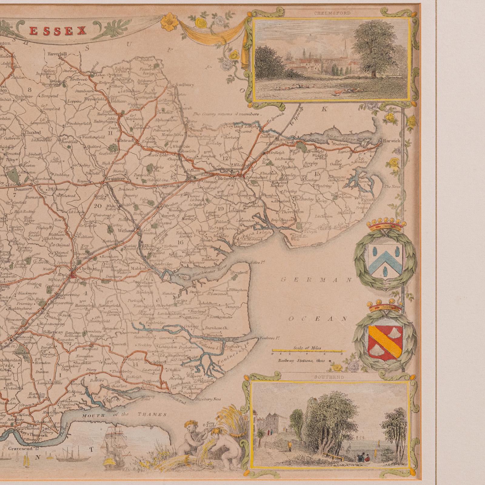 Wood Antique County Map, Essex, English, Framed, Cartographic Interest, Victorian For Sale