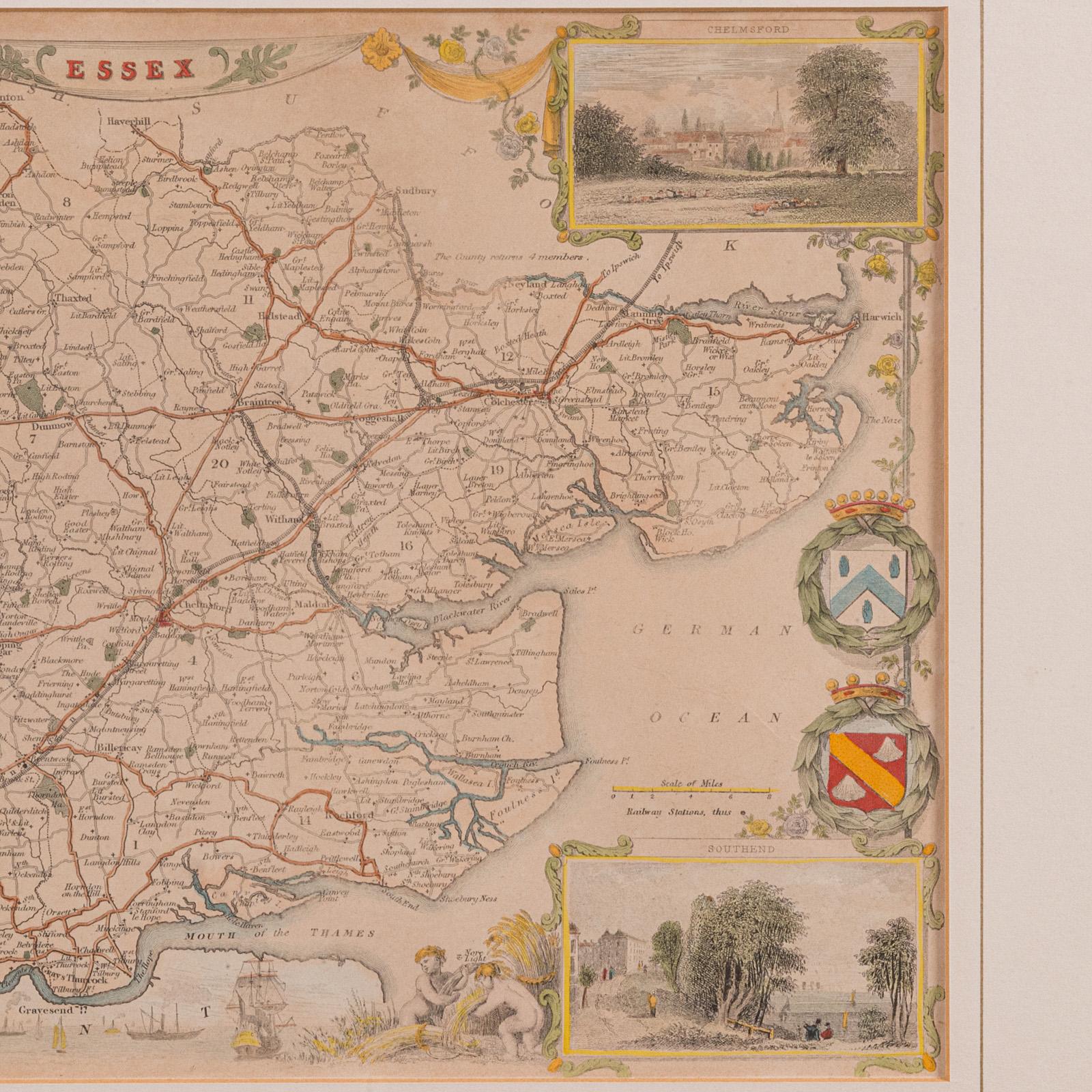 Legno Mappa antica della contea, Essex, Inglese, Incorniciata, Interesse cartografico, Vittoriano in vendita