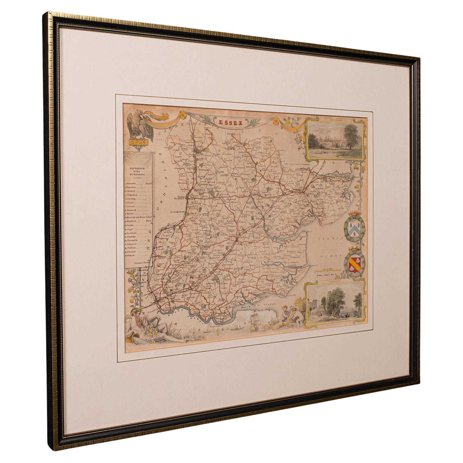 Carte ancienne du County, Essex, anglaise, encadrée, intérêt cartographique, victorienne