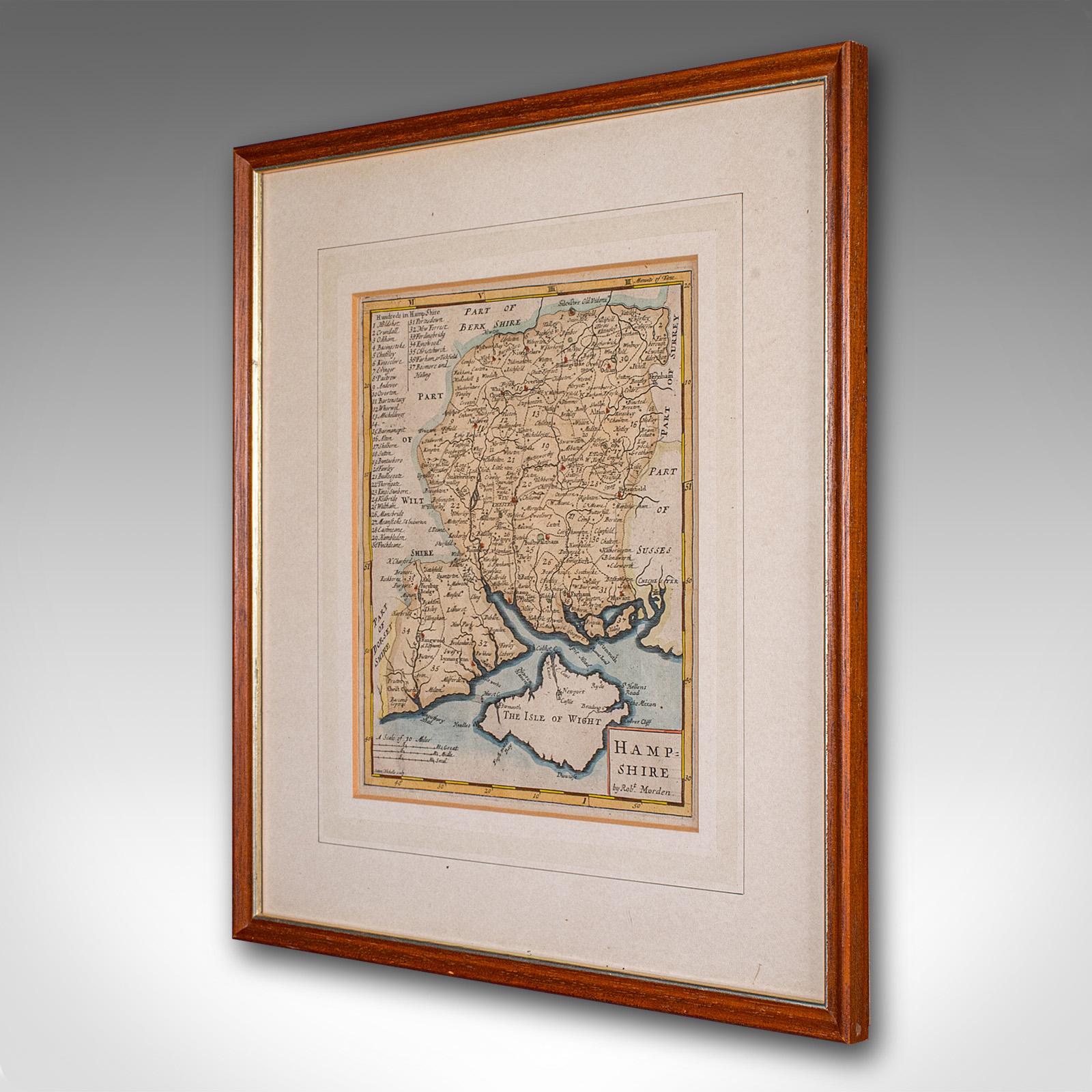 British Antique County Map, Hampshire, English, Framed Cartography, Robert Morden, 1700