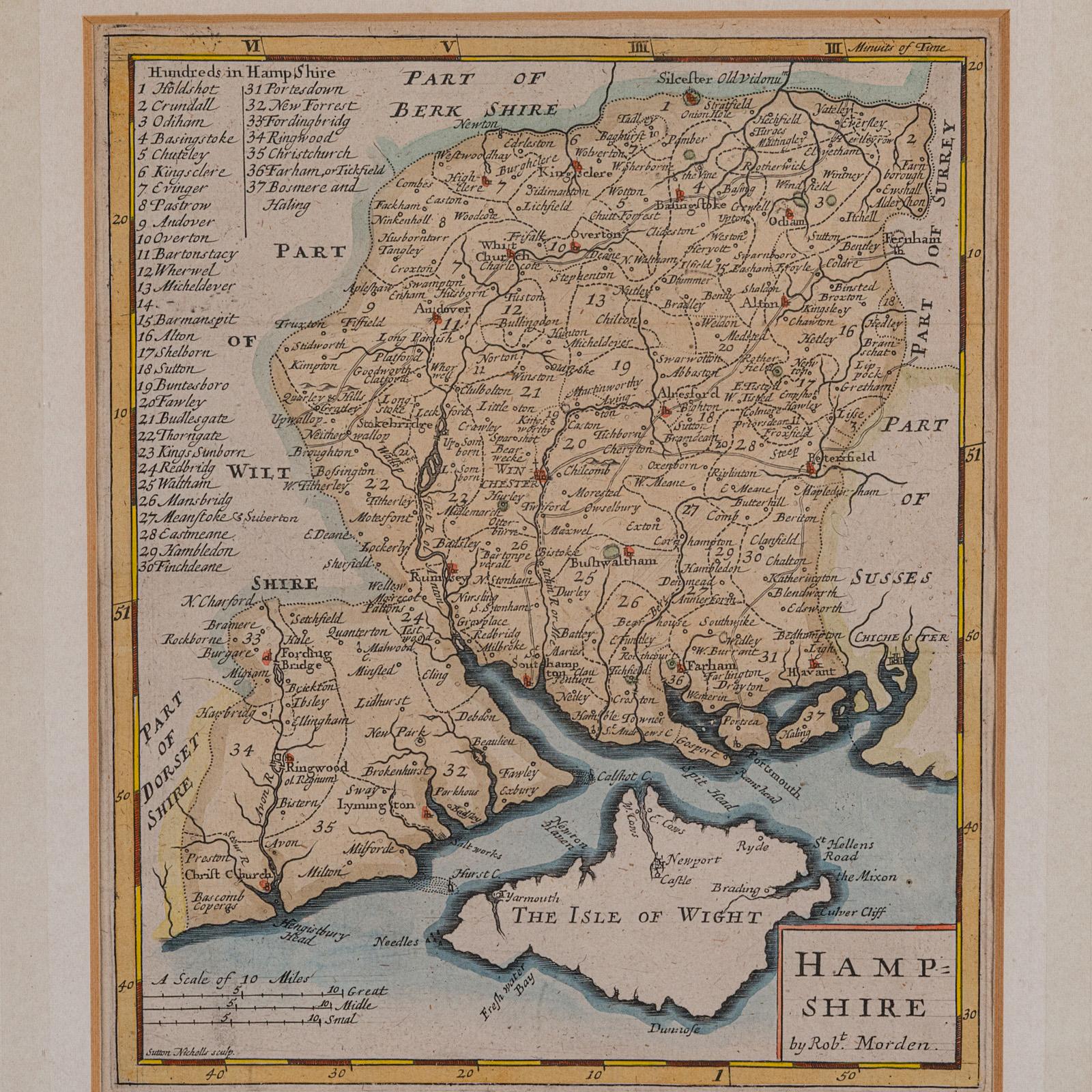 Carta geografica antica della contea, Hampshire, Inglese, Cartografia con cornice, Robert Morden, 1700 In condizioni buone in vendita a Hele, Devon, GB