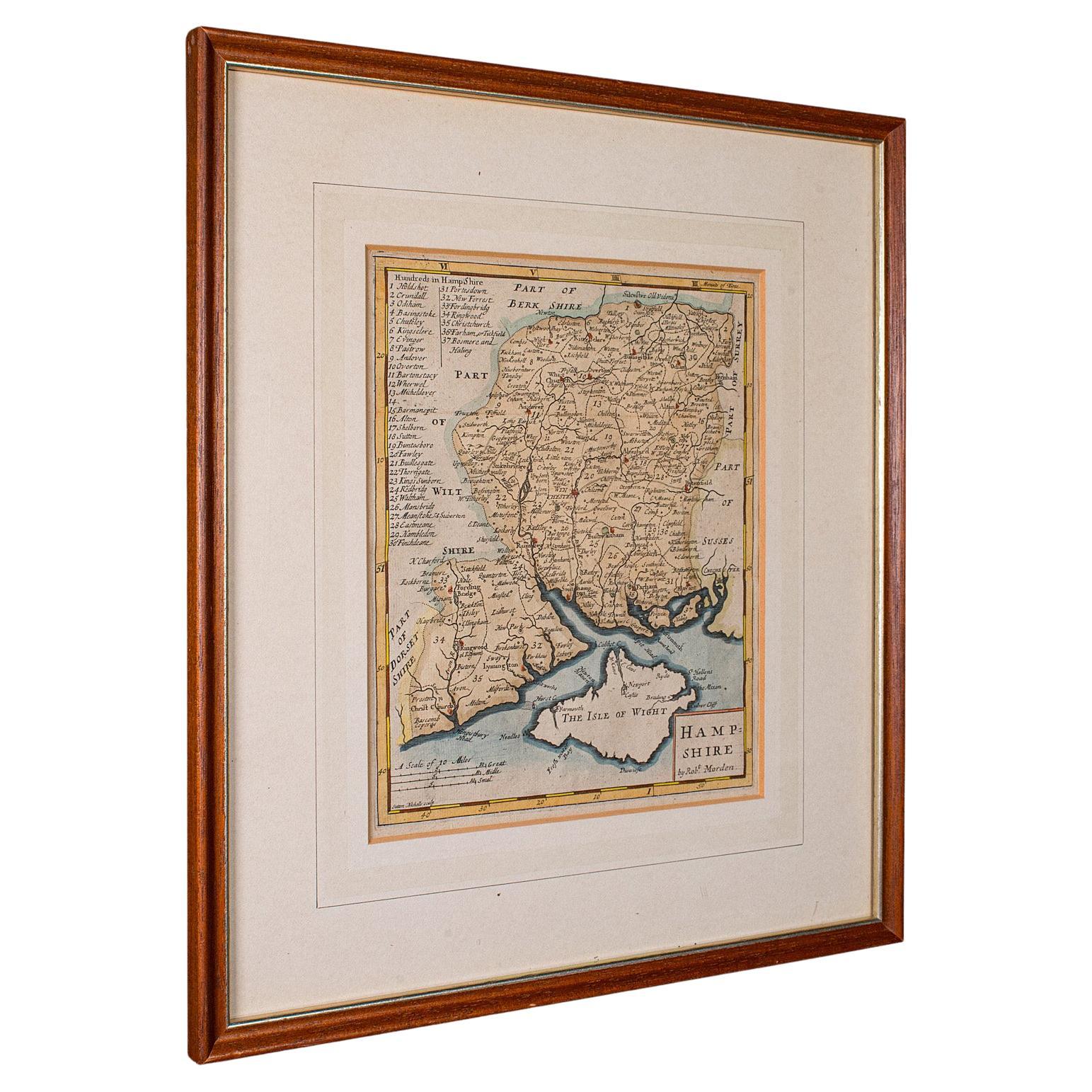 Carta geografica antica della contea, Hampshire, Inglese, Cartografia con cornice, Robert Morden, 1700 in vendita