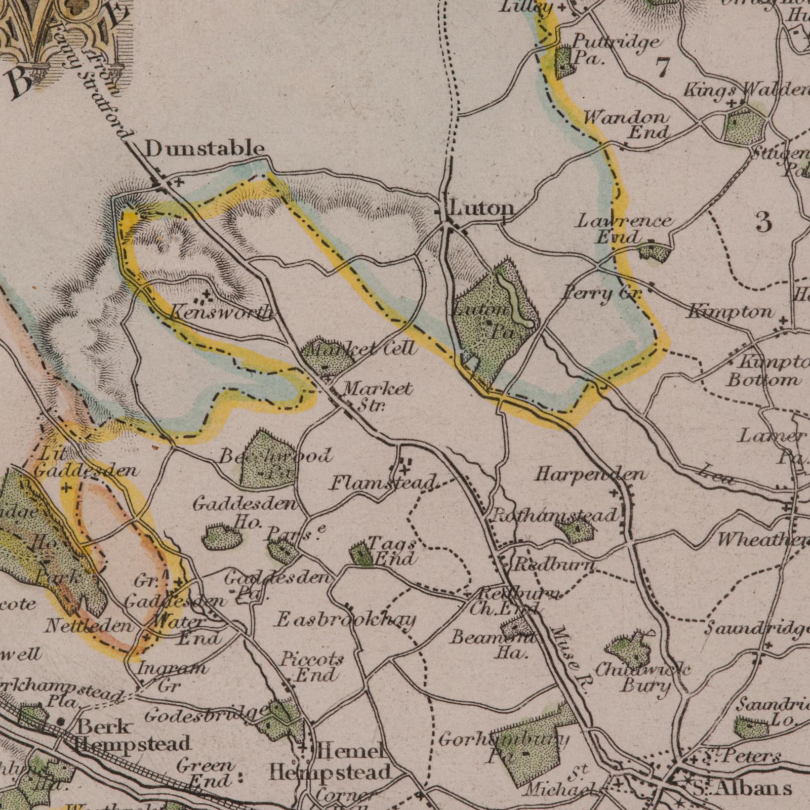 Mapa antiguo del condado, Hertfordshire, Inglés, Grabado enmarcado, Cartografía, Litografía en venta 4