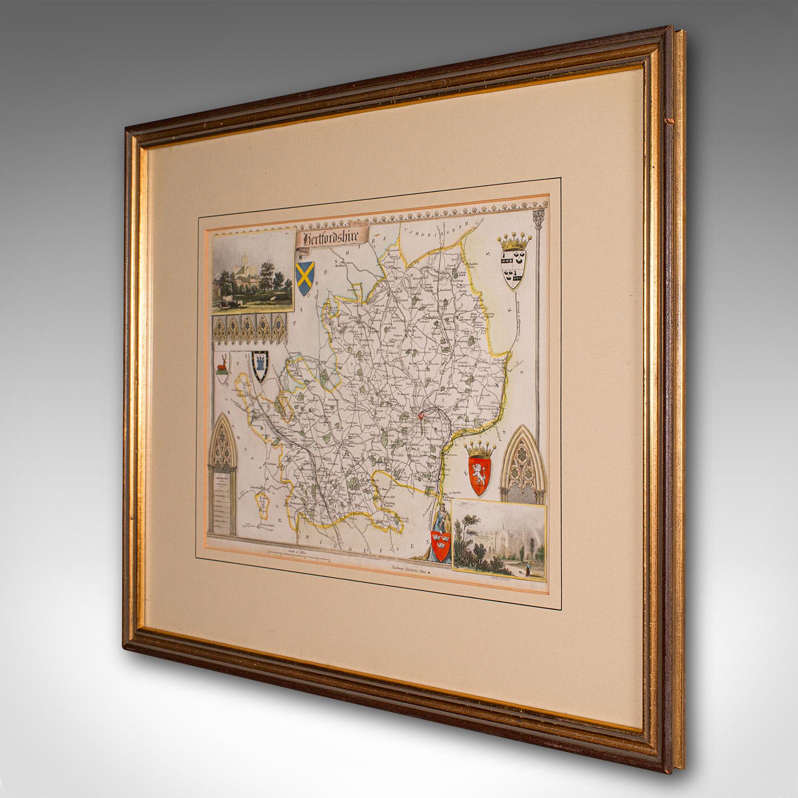 Mapa antiguo del condado, Hertfordshire, Inglés, Grabado enmarcado, Cartografía, Litografía Victoriano en venta