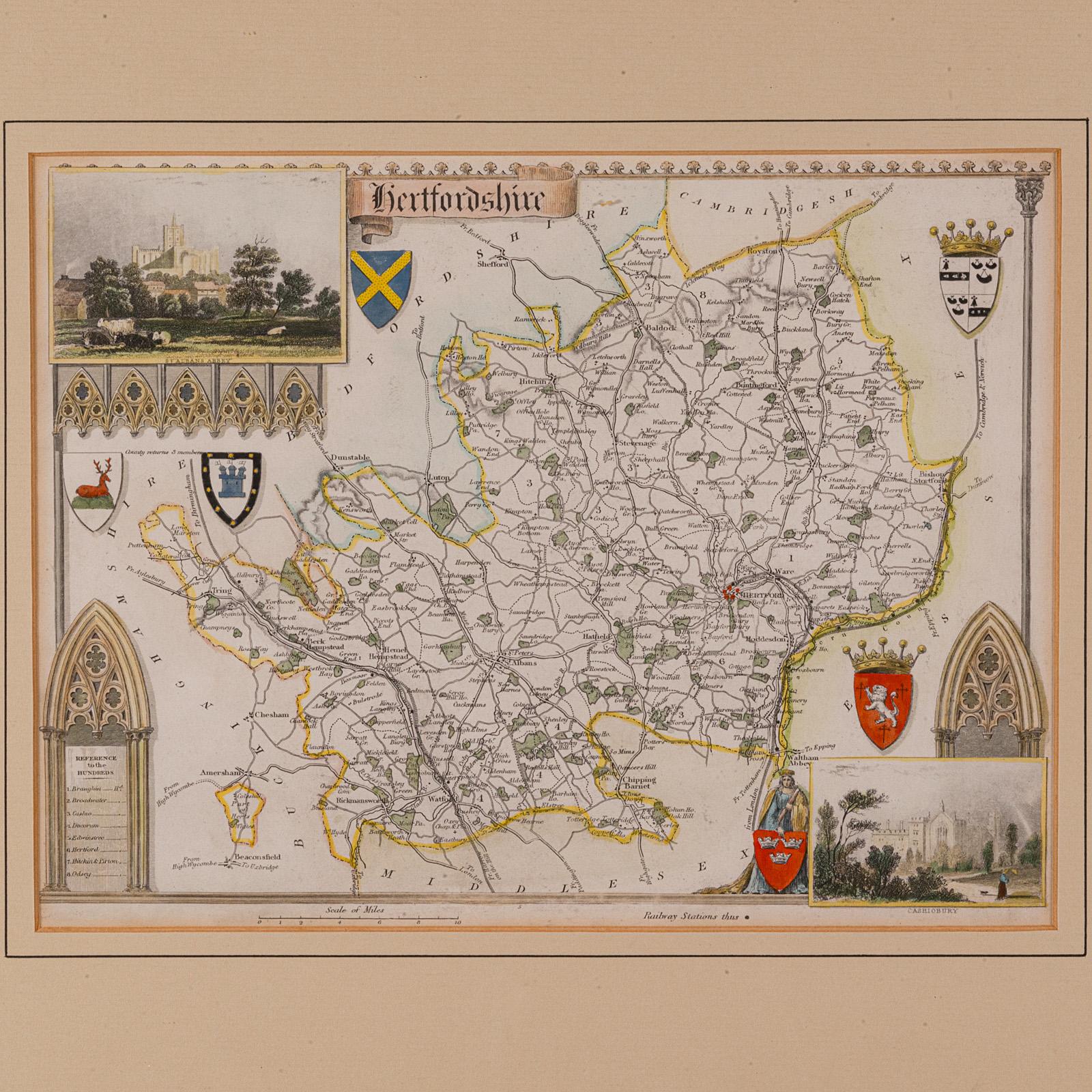 Mapa antiguo del condado, Hertfordshire, Inglés, Grabado enmarcado, Cartografía, Litografía en Bueno estado para la venta en Hele, Devon, GB