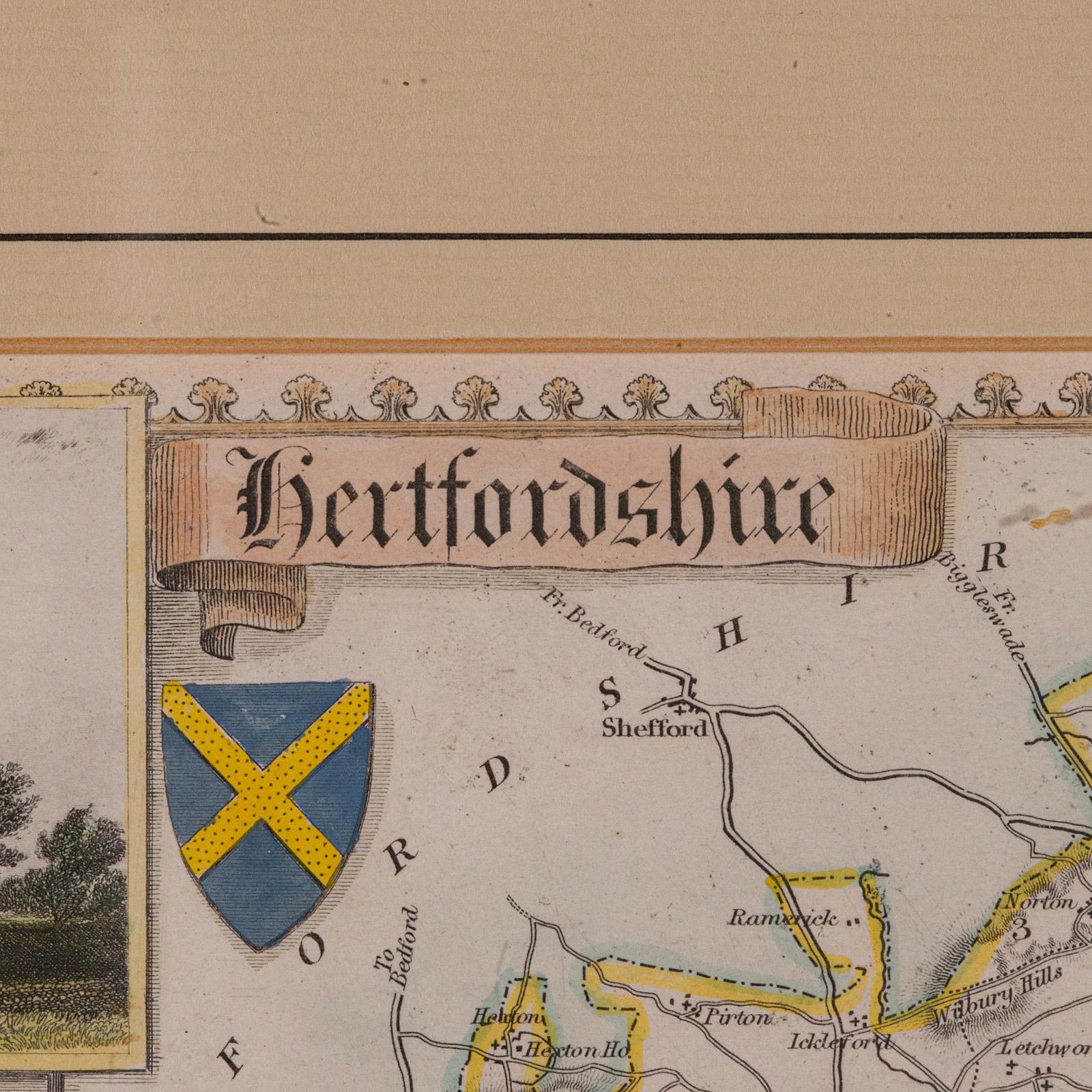 Mapa antiguo del condado, Hertfordshire, Inglés, Grabado enmarcado, Cartografía, Litografía siglo XIX en venta