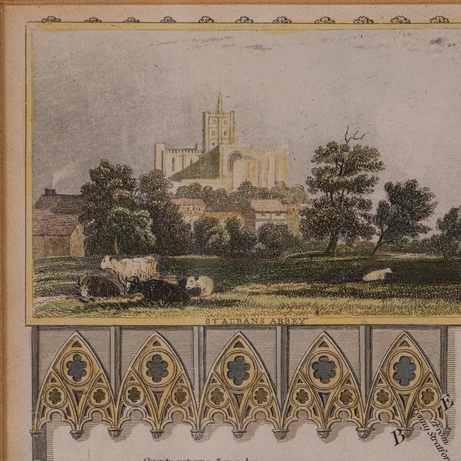 Mapa antiguo del condado, Hertfordshire, Inglés, Grabado enmarcado, Cartografía, Litografía Vidrio en venta
